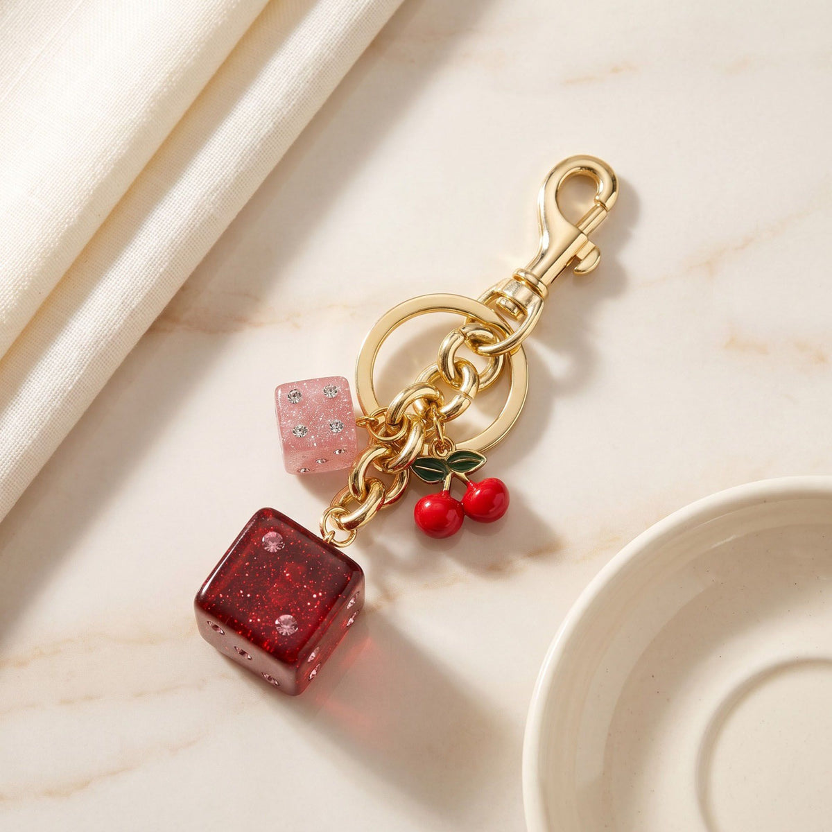 Dice and Cherry Bag Charm Keychain with Lobster Clasp
