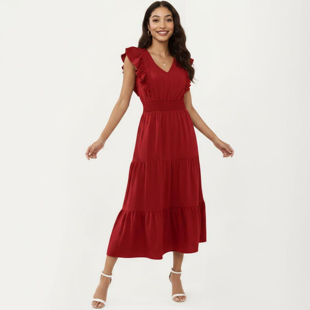 Anna-Kaci Women's Tiered Midi Dress with Ruffle Sleeves and Smocked Waist