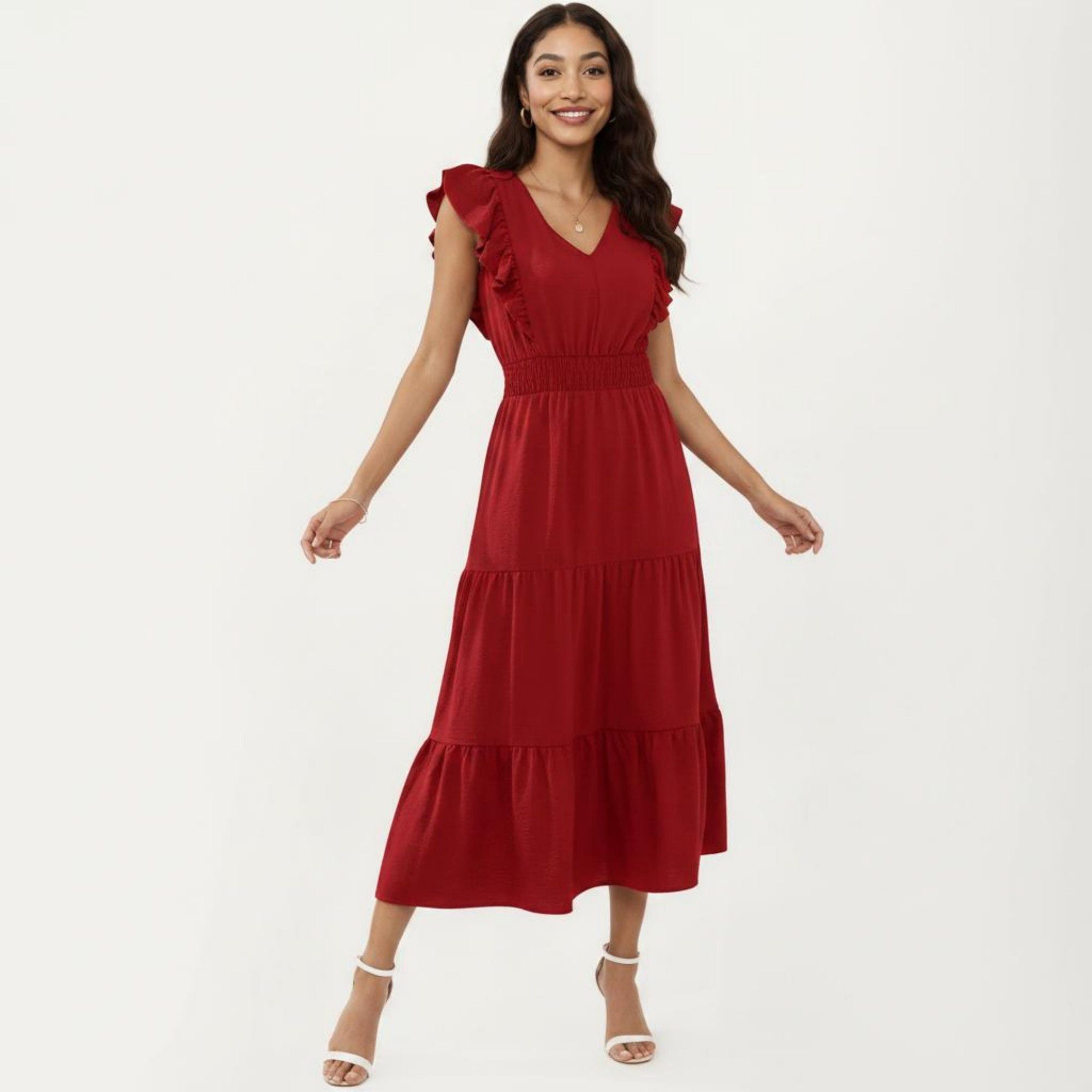 Anna-Kaci Women's Tiered Midi Dress with Ruffle Sleeves and Smocked Waist