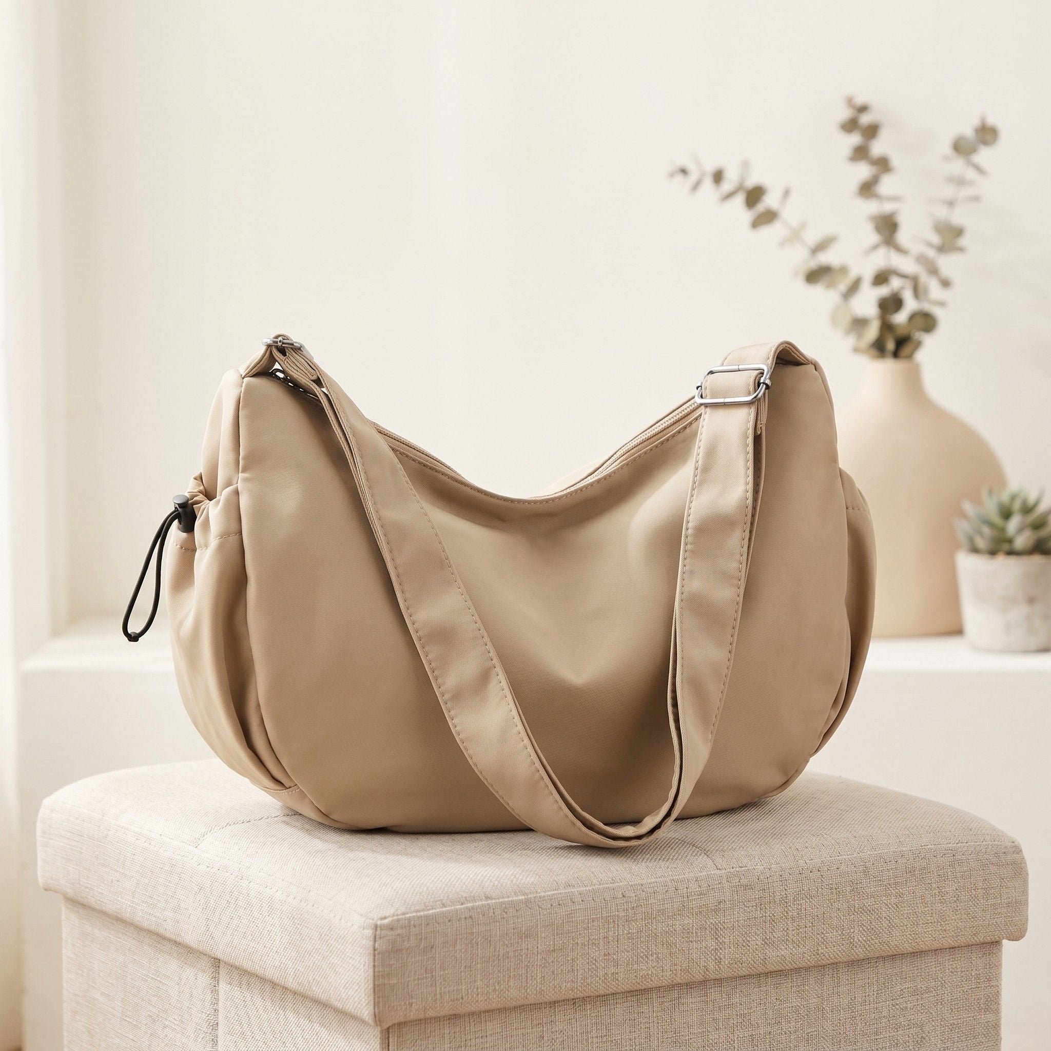 Crescent Crossbody Shoulder Bag with Side Pockets and Adjustable Strap