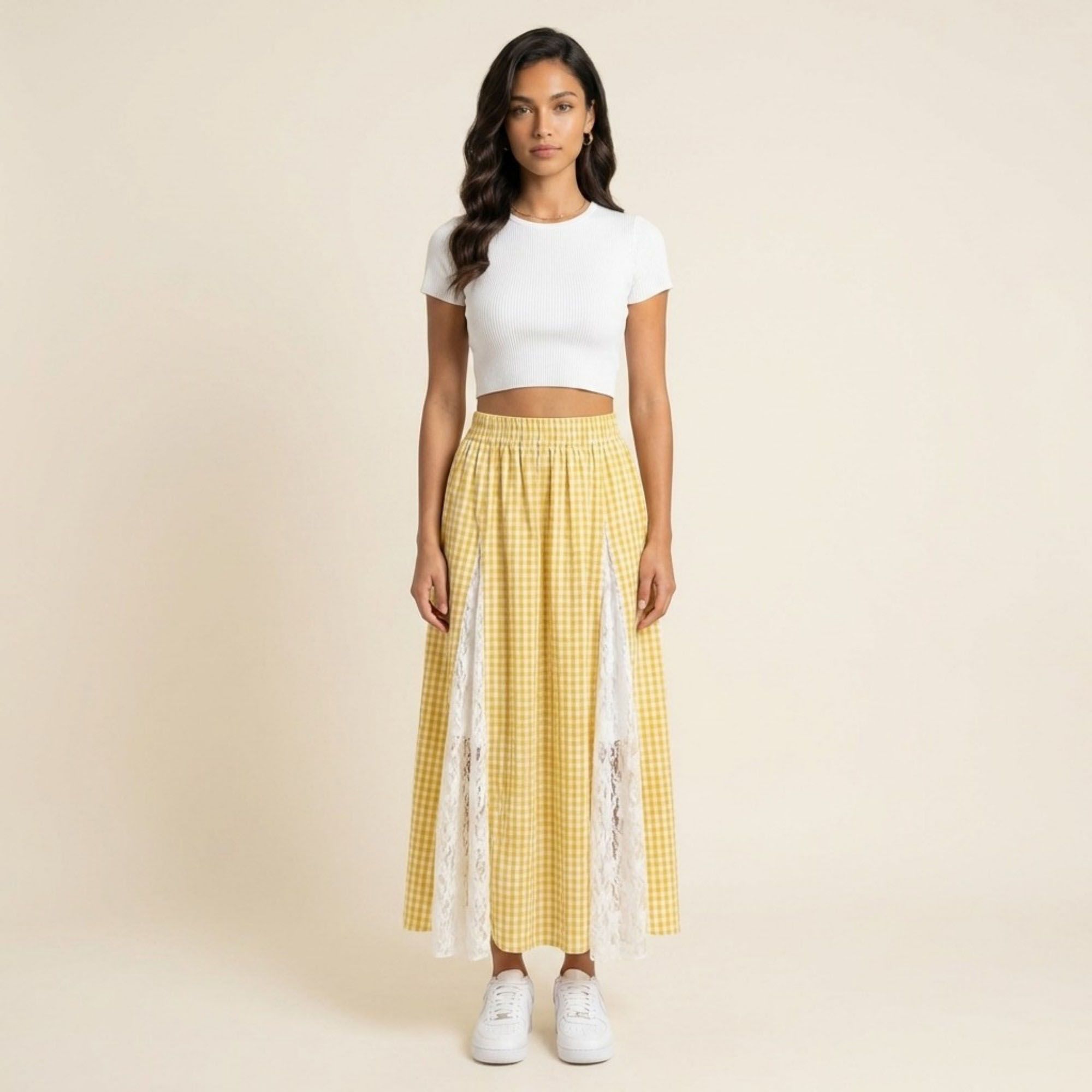 Anna-Kaci Women's Gingham Maxi Skirt Lace Panel High Waist A Line Flowy Lightweight Casual Skirt