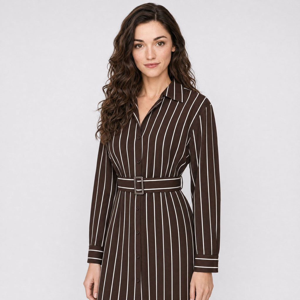 Striped Belted Button Front Long Sleeve Midi Shirt Dress