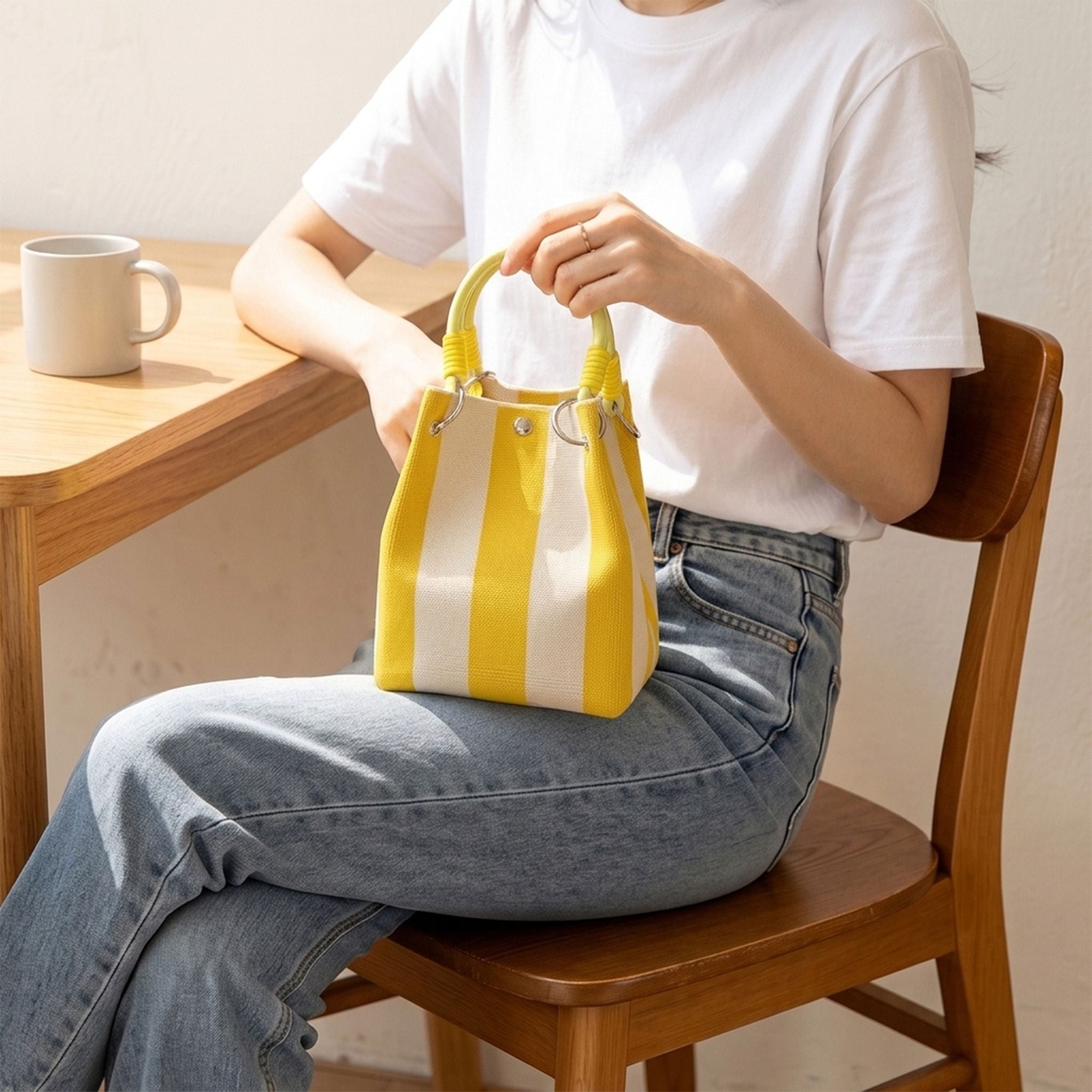 Small Striped Knit Bucket Bag with Rope Handles and Snap Closure