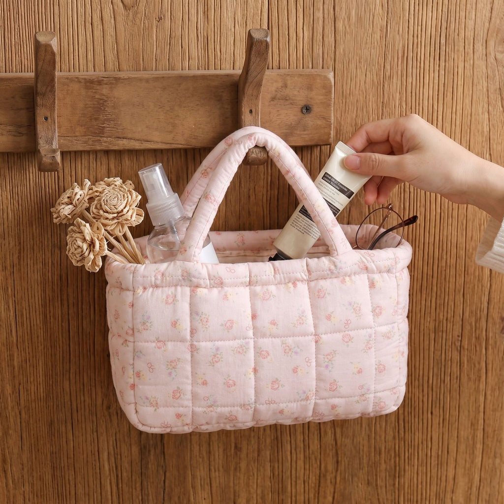 Floral Floral Quilted Storage Basket Tote with Padded Handles