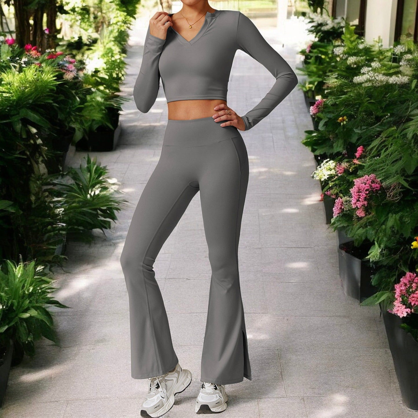 High Waist Flare Yoga Pants with Side Slit Hem for Active and Casual Wear