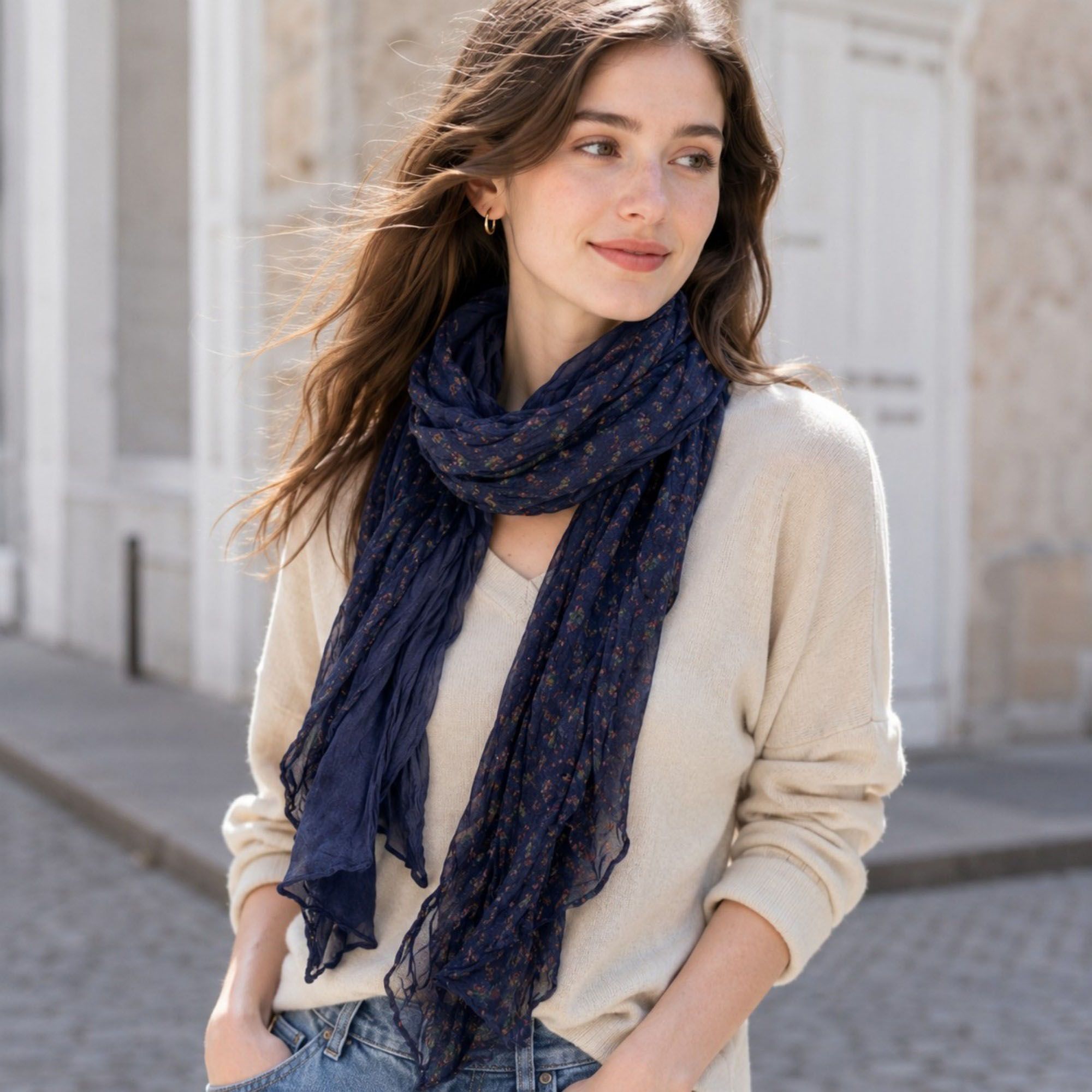 Lightweight Floral Crinkle Long Scarf