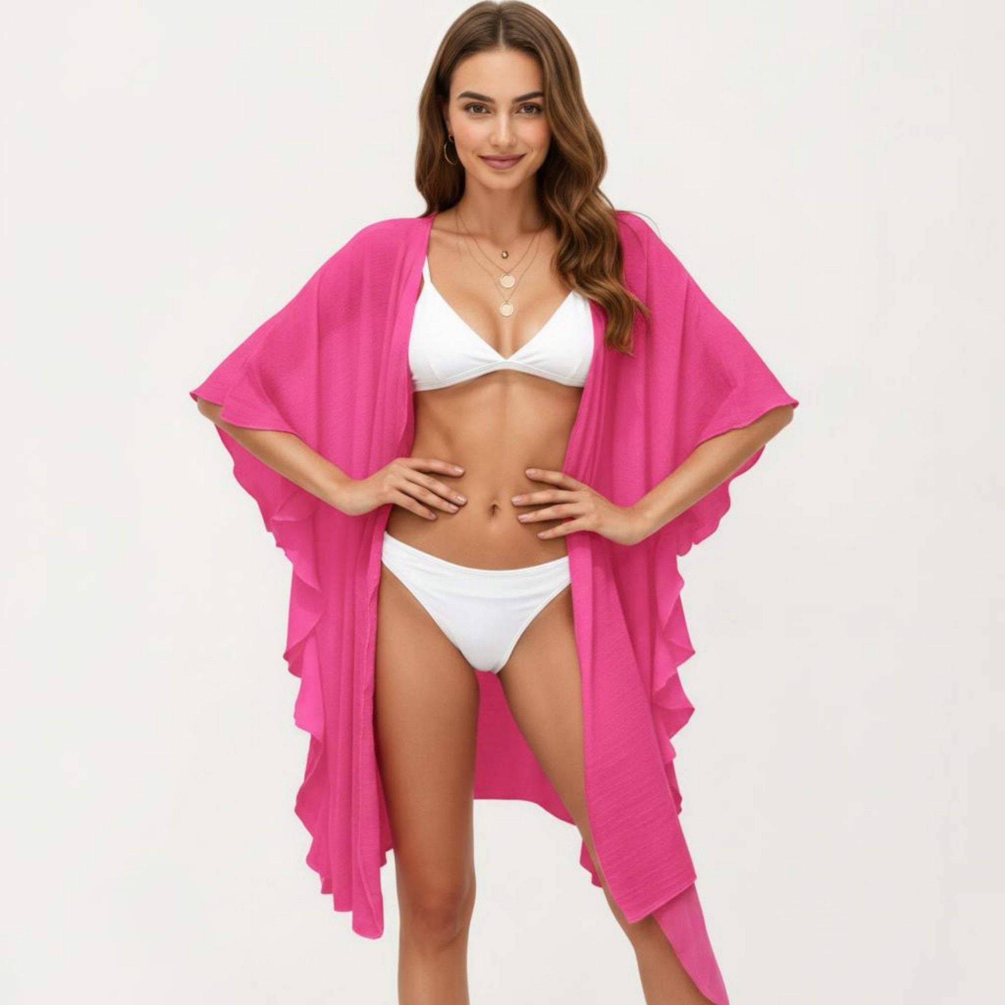 Anna-Kaci Women's Open Front Swim Cover Up Kimono with Ruffle Sleeves Lightweight Beach Cardigan