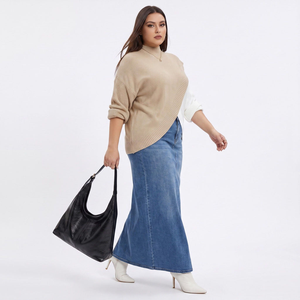 Plus Size Colorblock Mock Neck Asymmetrical Hem Sweater
