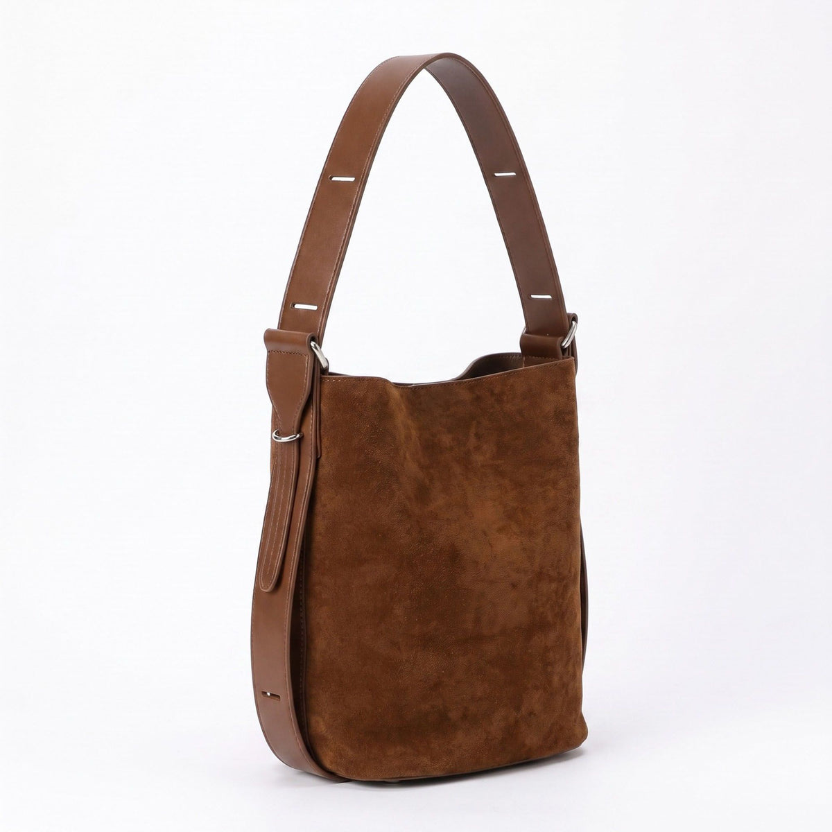 Suede Look Bucket Shoulder Bag with Adjustable Wide Strap