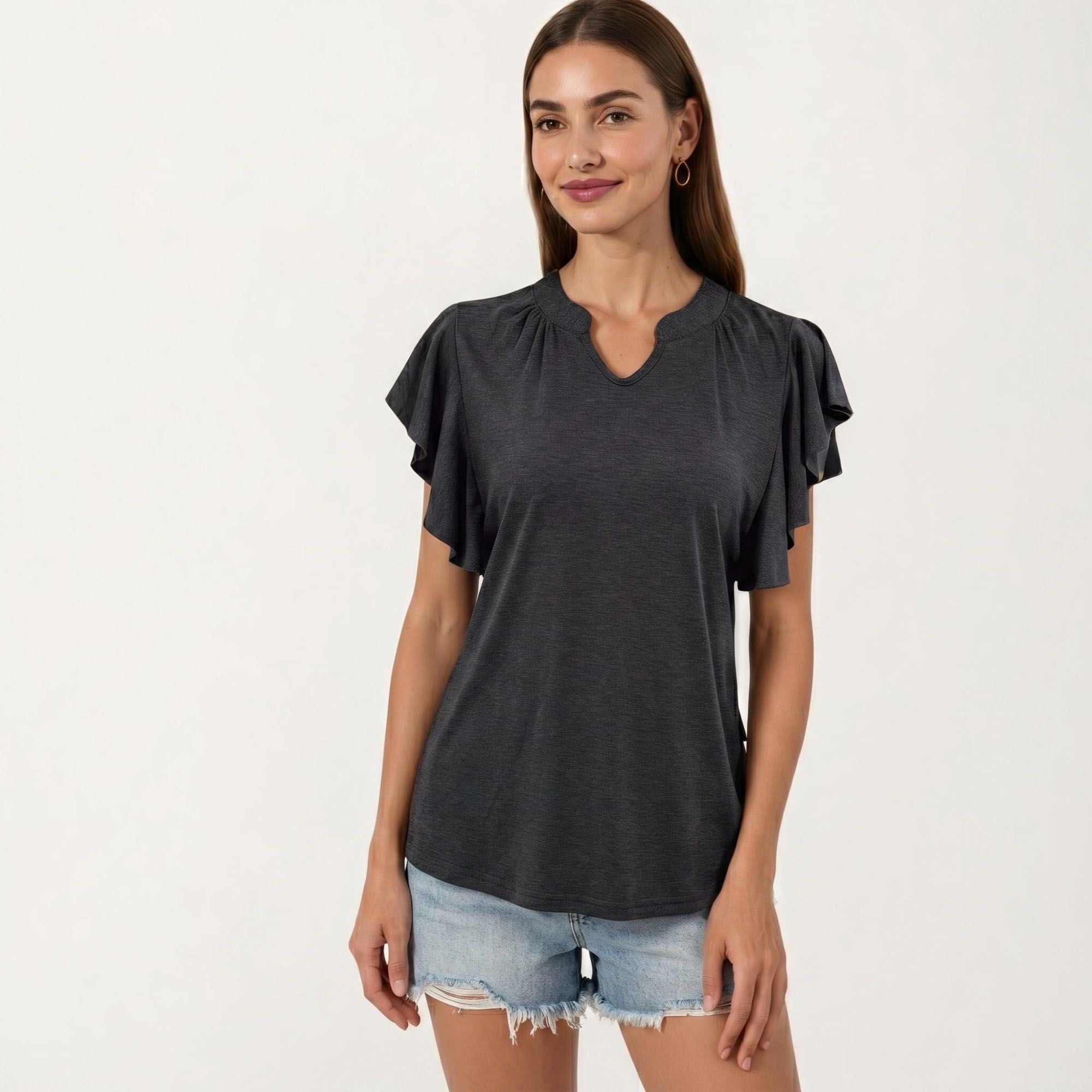 Anna-Kaci Women's Short Sleeve Top with Flutter Ruffle Sleeves and Split V Neck Relaxed Fit Casual Shirt