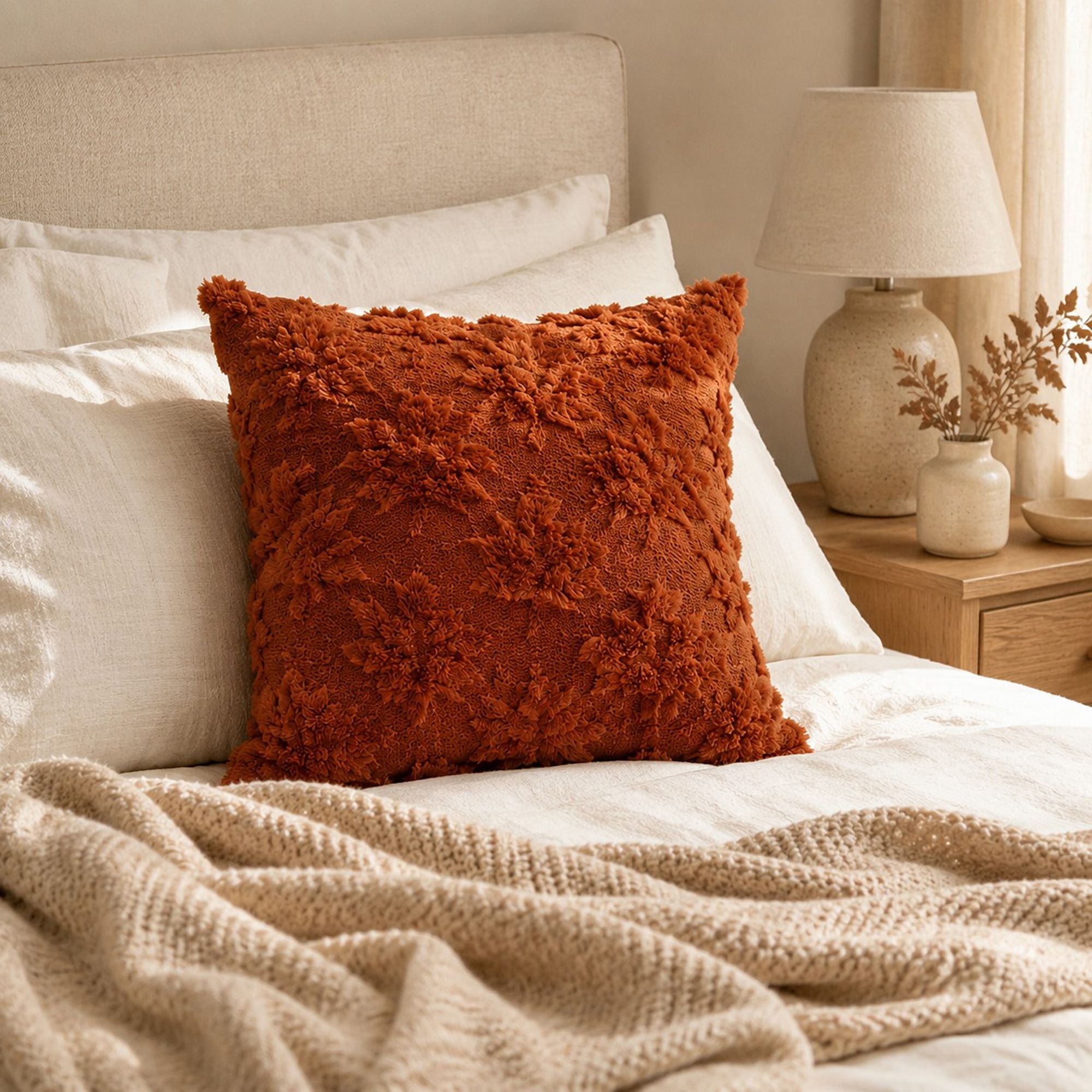 Textured Tufted Botanical Throw Pillow Cover for Couch Bed and Chair