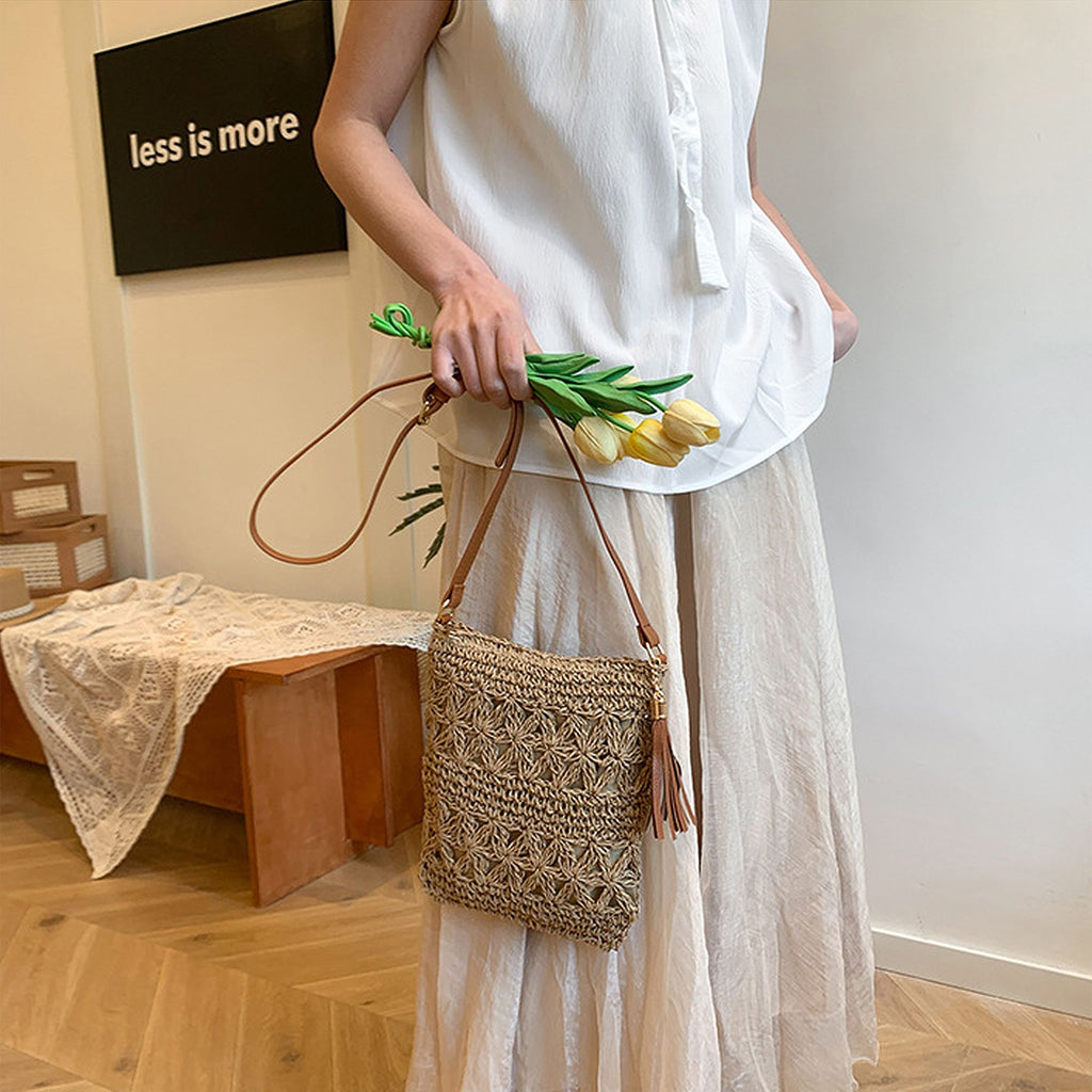 Anna-Kaci Women's Bohemian Crochet Shoulder Bag with Leather Straps