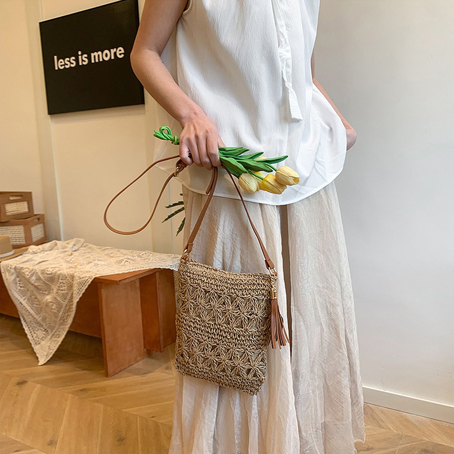 Anna-Kaci Women's Bohemian Crochet Shoulder Bag with Leather Straps