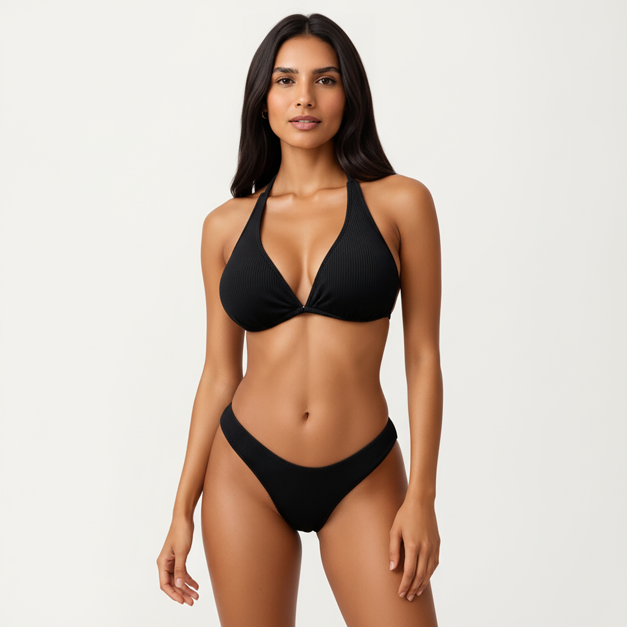 Anna-Kaci Women's 2-Piece Ribbed Triangle Bikini Set with Halter Top and High Cut Bottom