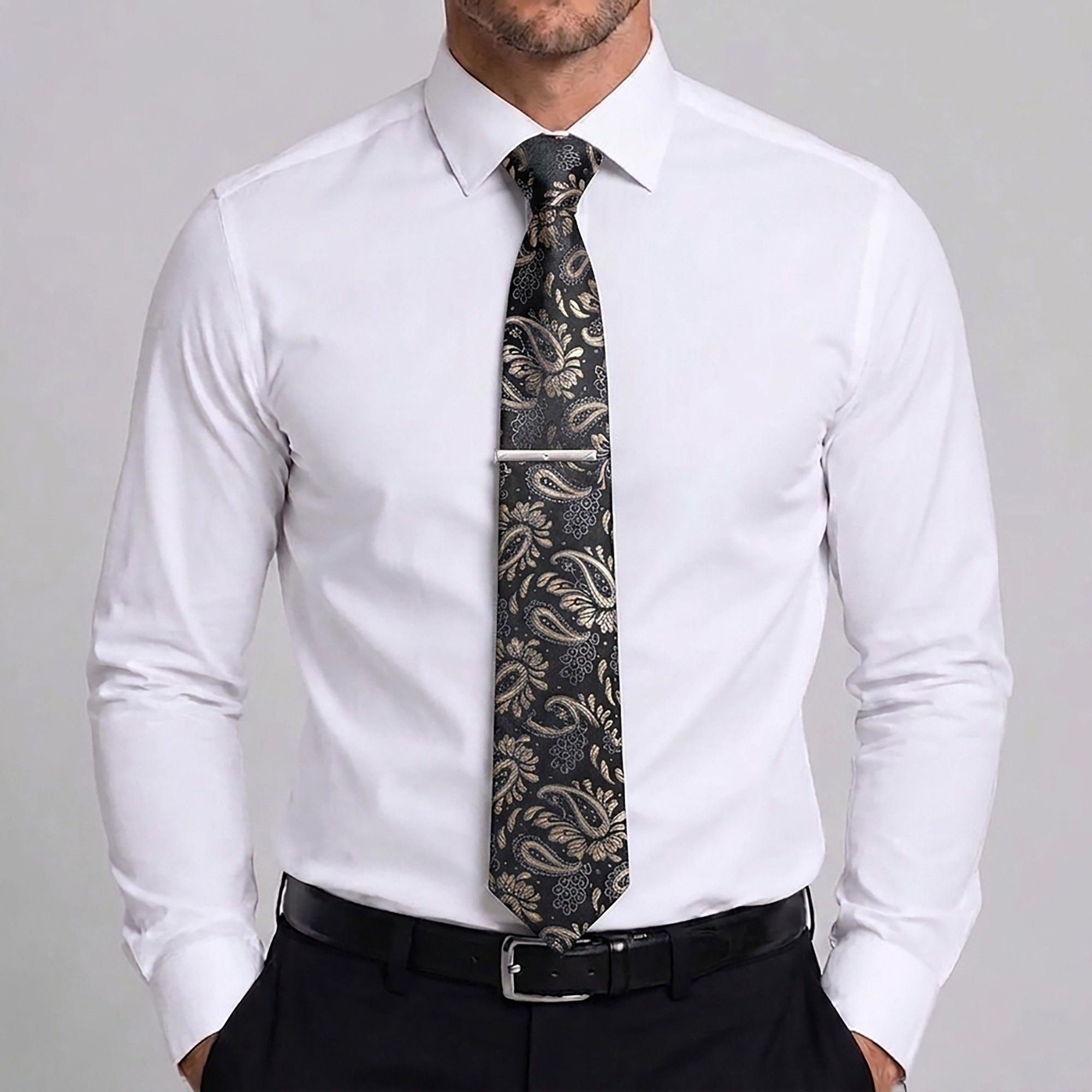 Men's Paisley Floral Tie Gift Set with Matching Pocket Square Cufflinks and Silver Tie Clip