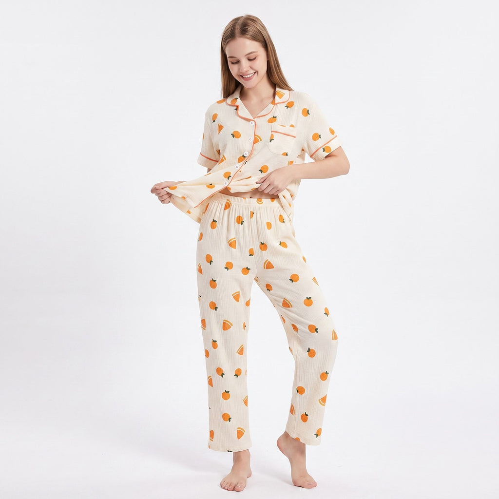 2-Piece Set Fruit Print Button Front Pajama Top and Relaxed Pants Sleepwear