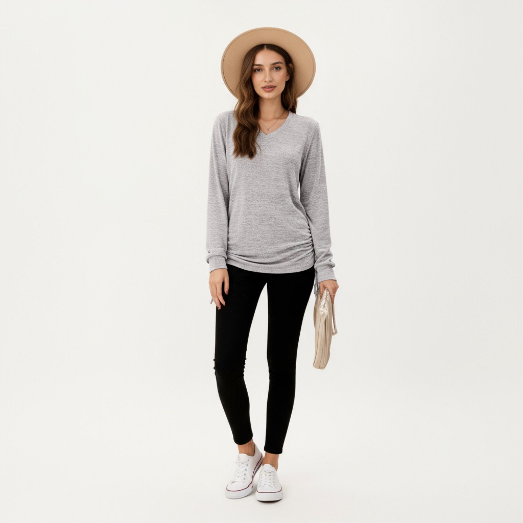 Anna-Kaci Women's Long Sleeve V-Neck Top with Side Drawstring Ruched Hem