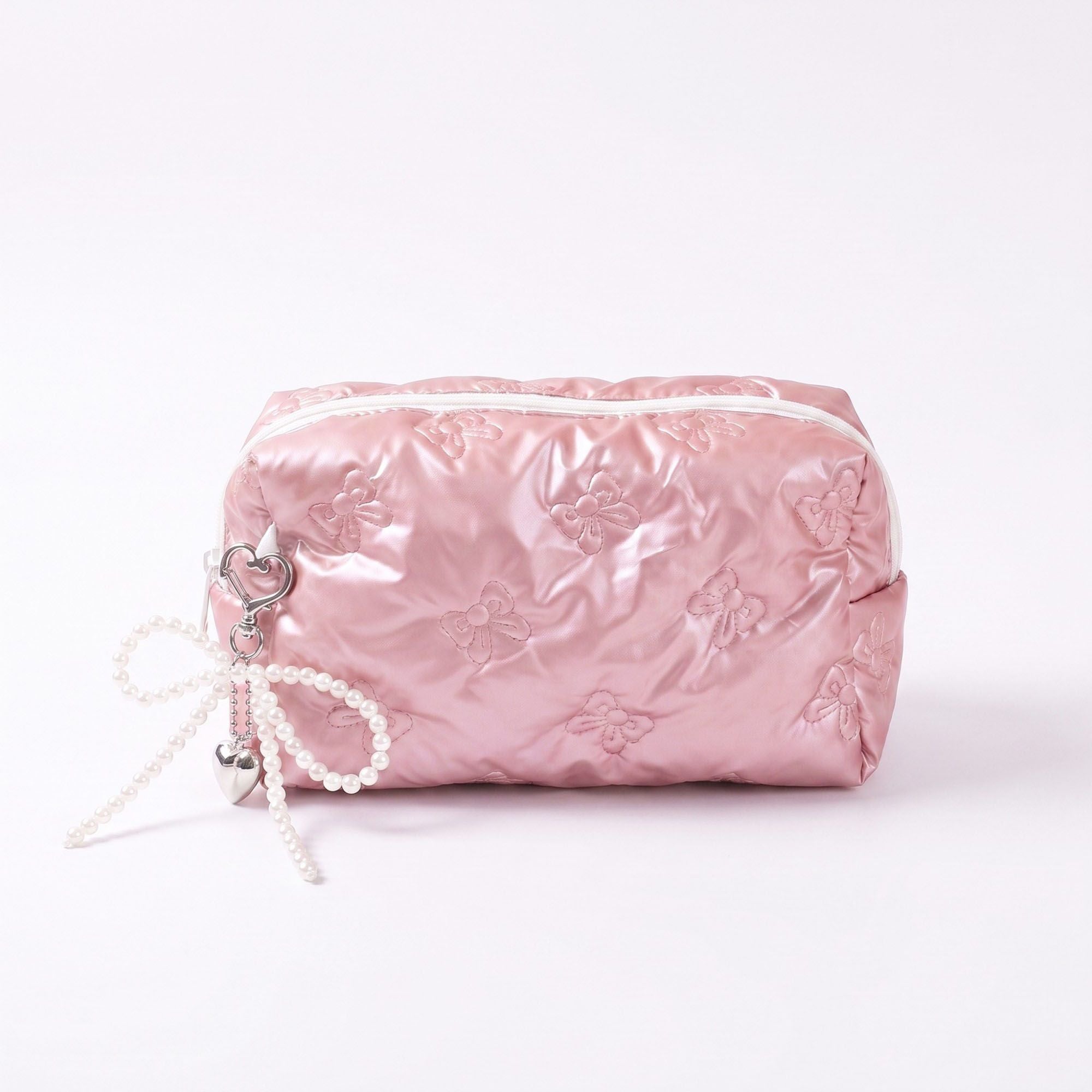 Womens Quilted Bow Makeup Bag with Pearl Charm Cosmetic Pouch