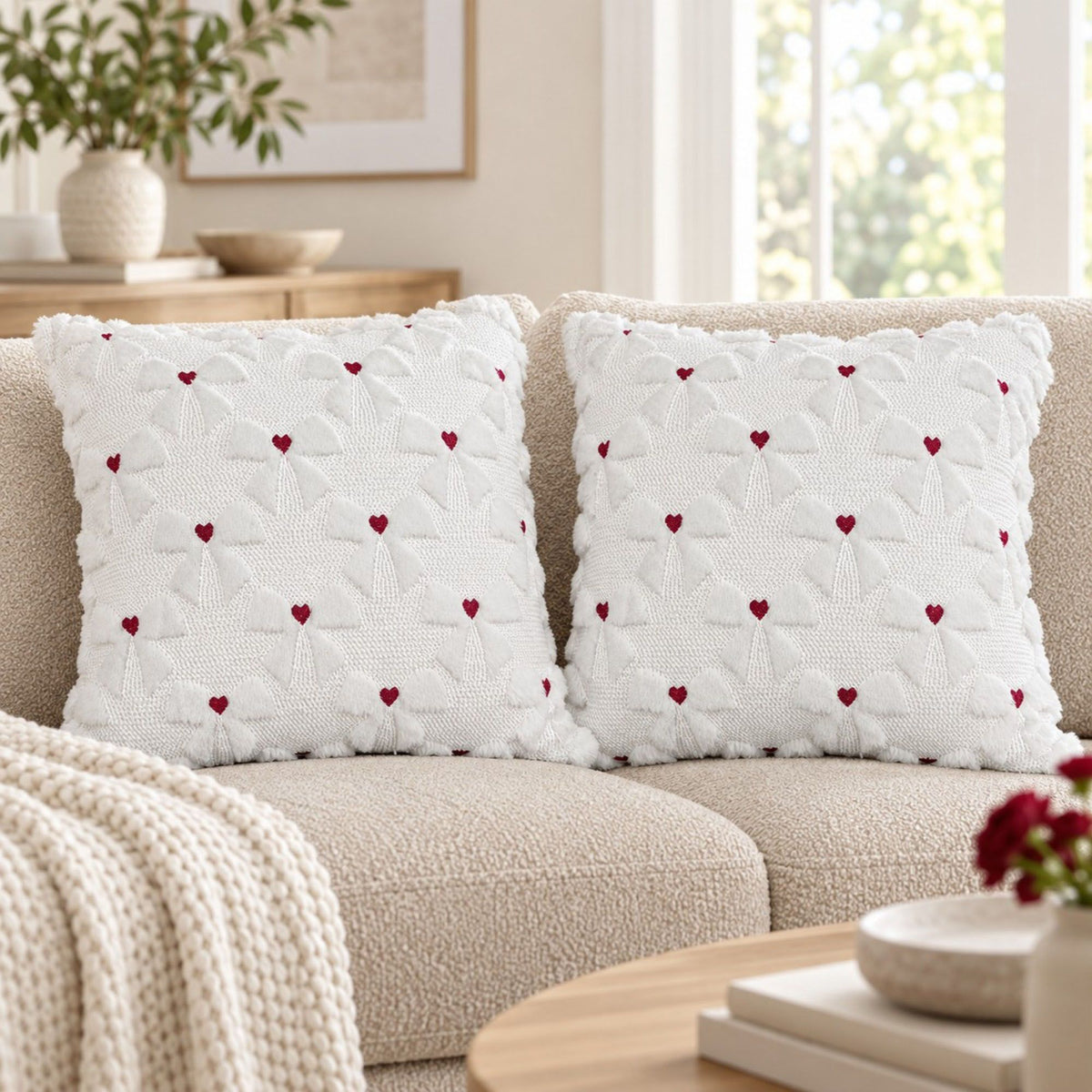 2 Pack Tufted Bow Heart Decorative Throw Pillow Covers Soft Textured Cushion Covers