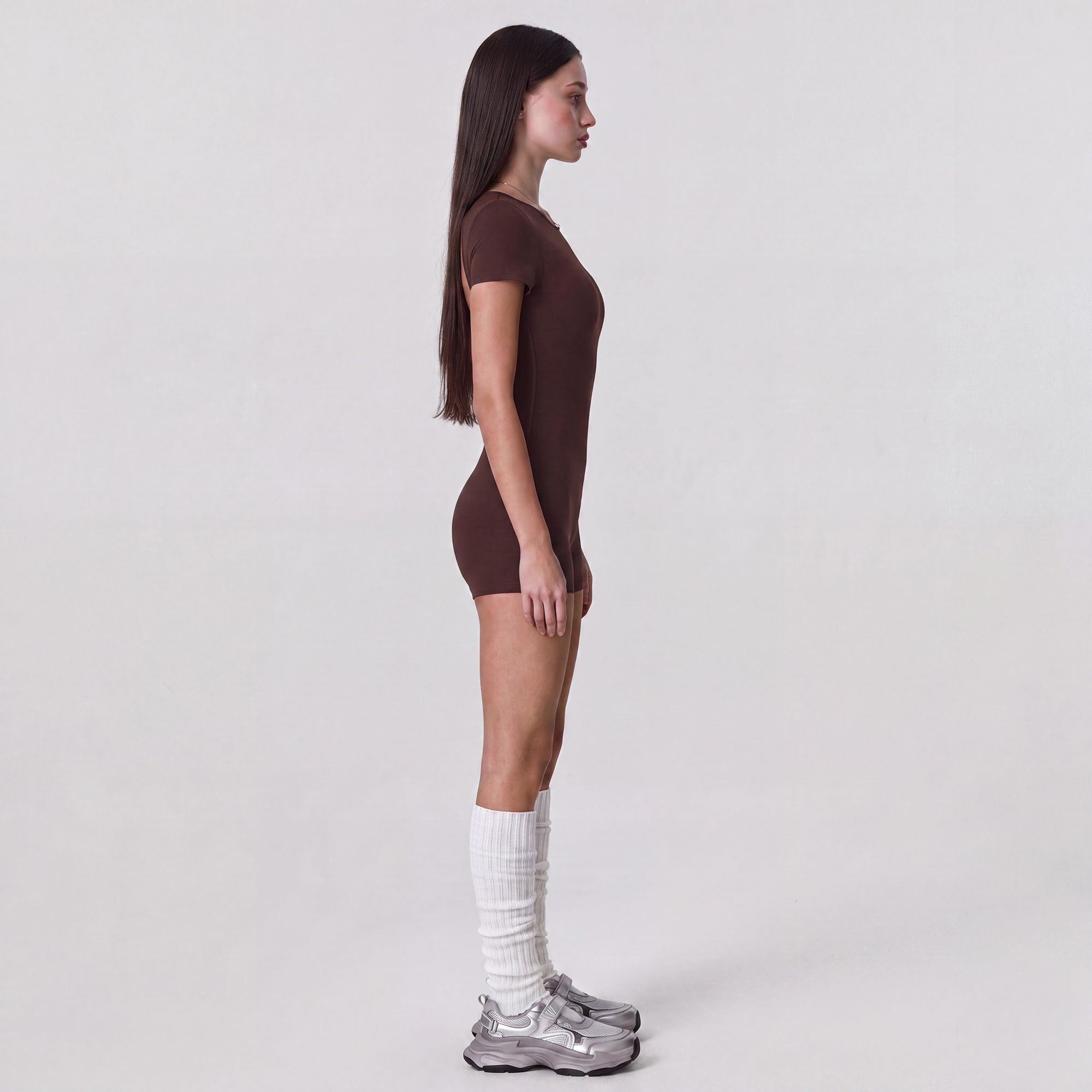 Short Sleeve One Piece Active Romper with Crew Neck Built In Padding Fitted Shorts and Smooth Stretch Fabric