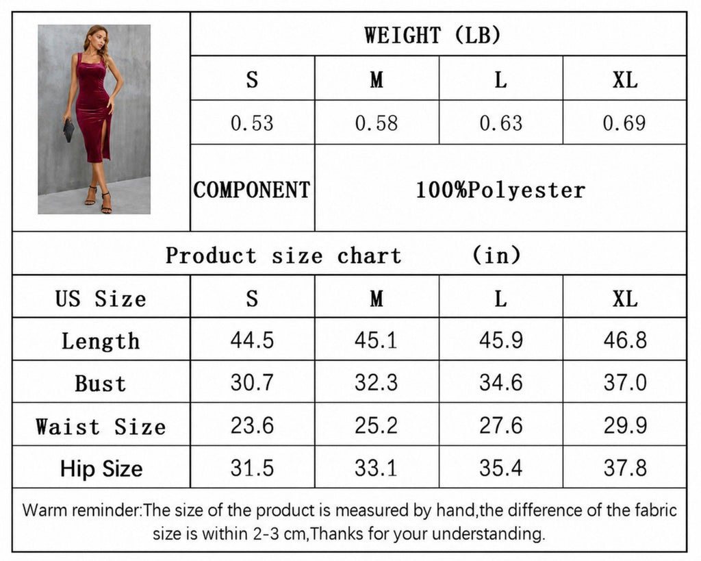 Velvet Bodycon Midi Dress with Square Neckline Wide Straps Back Zipper Side Slit and Fitted Silhouette