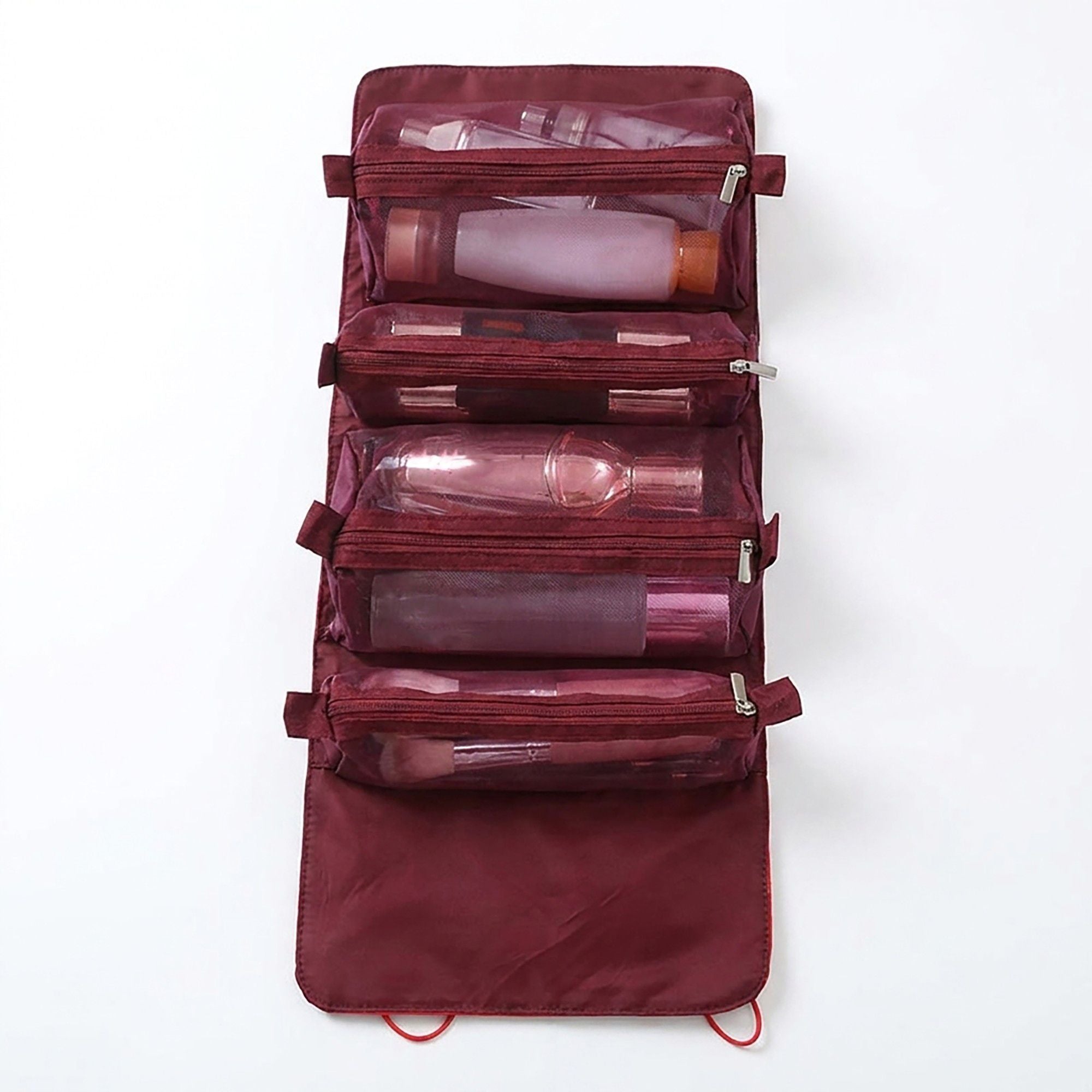 Hanging Travel Toiletry Bag with Clear Zipper Compartments and Roll-Up Organizer Design