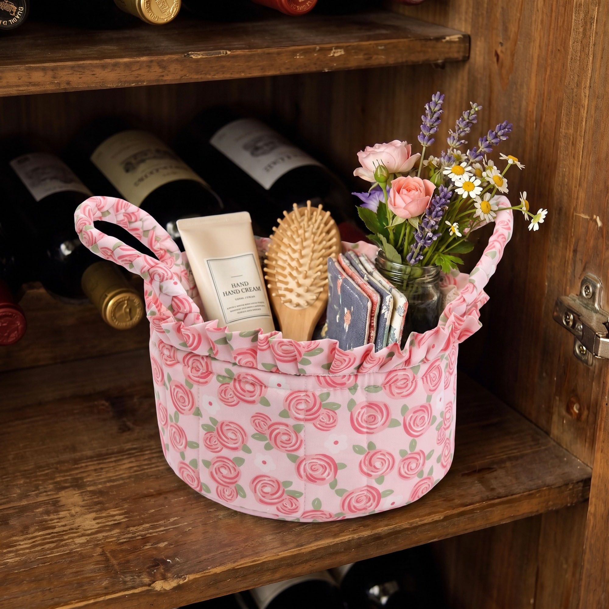 Floral Quilted Fabric Storage Basket with Carry Handles