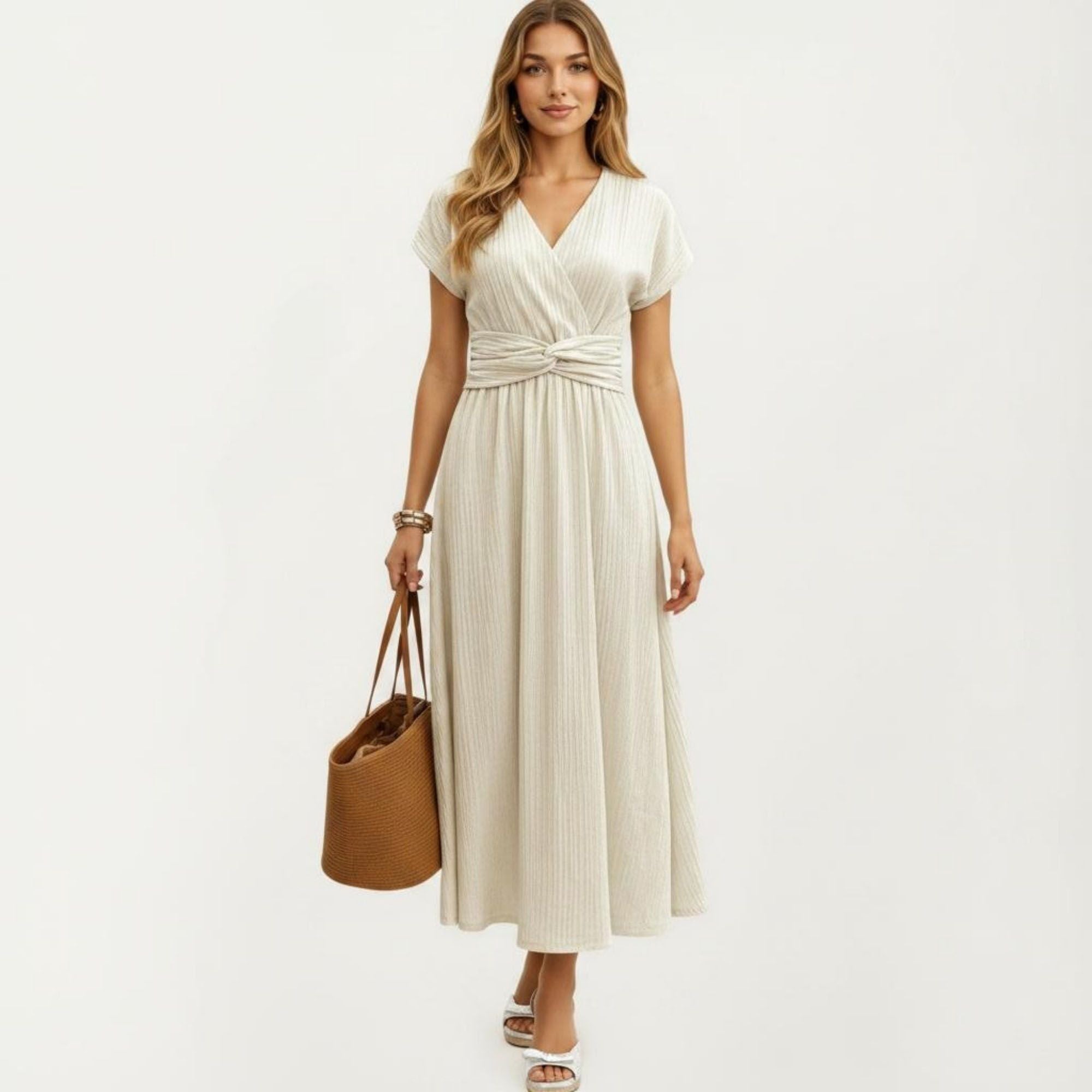Anna-Kaci Women's Short Sleeve Midi Dress with Wrap V Neck Twist Front Waist Detail Textured Knit Flowy Fit