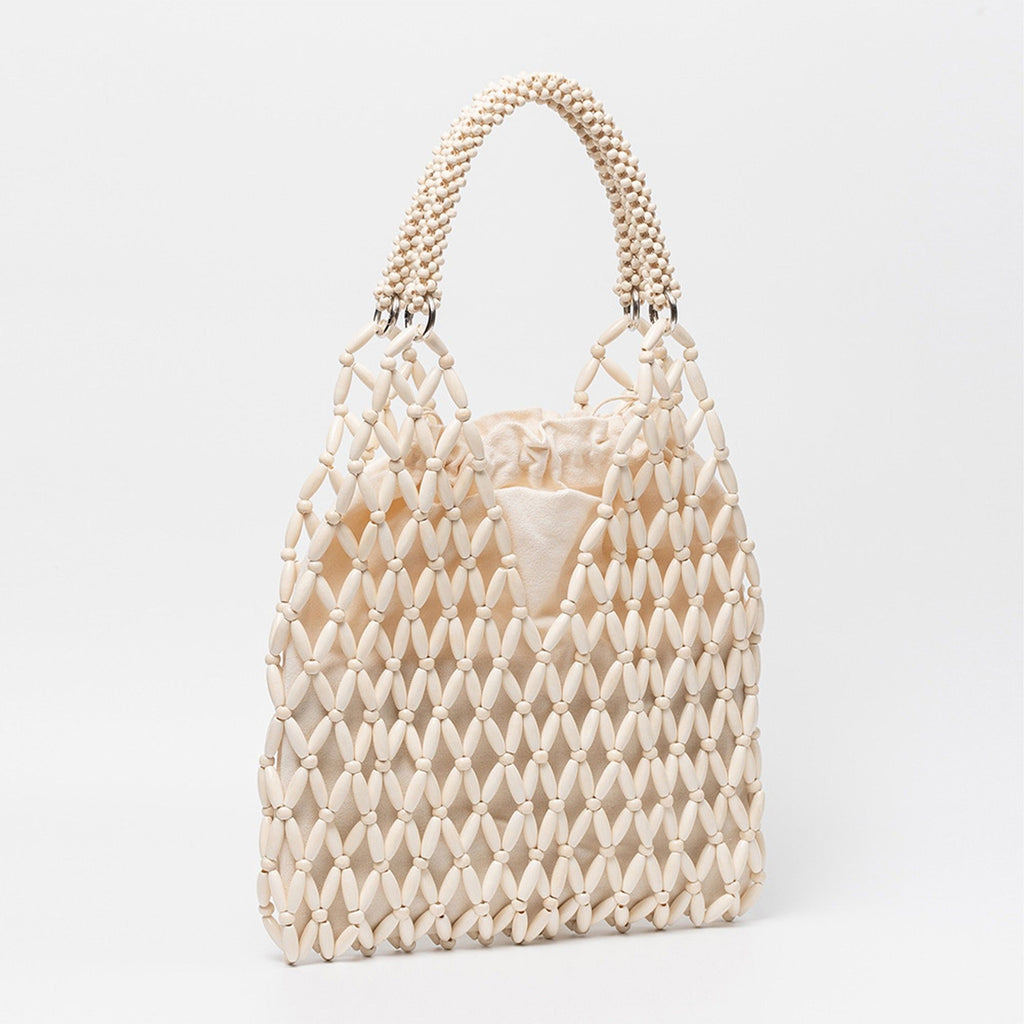 Beaded Tote Bag with Inner Pouch Soft Structured Wooden Bead Handbag Open Weave Shoulder Bag Lightweight Carryall