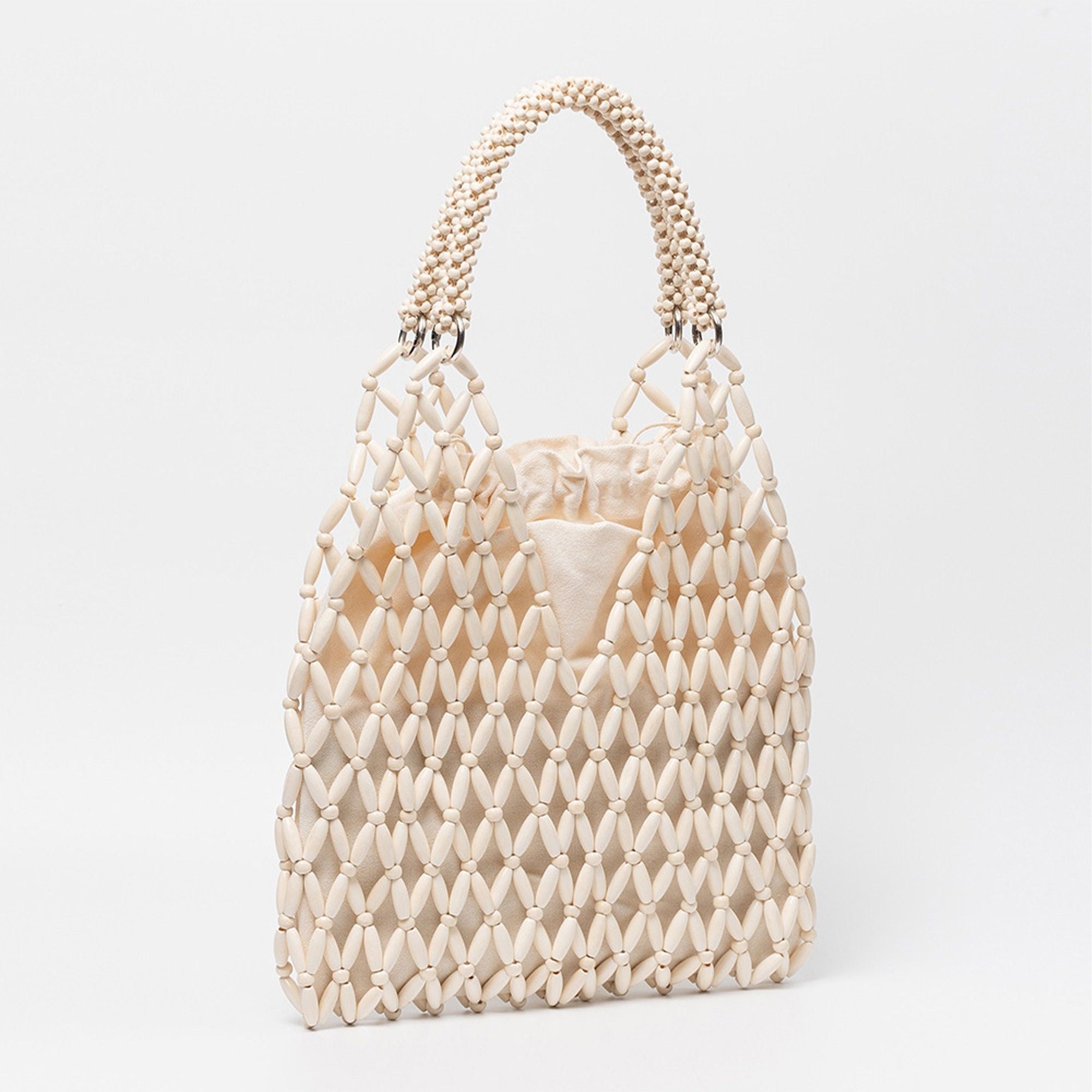 Beaded Tote Bag with Inner Pouch Soft Structured Wooden Bead Handbag Open Weave Shoulder Bag Lightweight Carryall