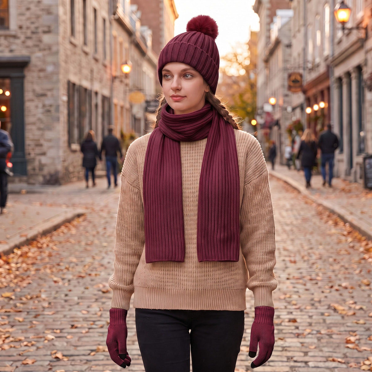 3 Piece Pom Beanie Scarf and Touchscreen Gloves Winter Set