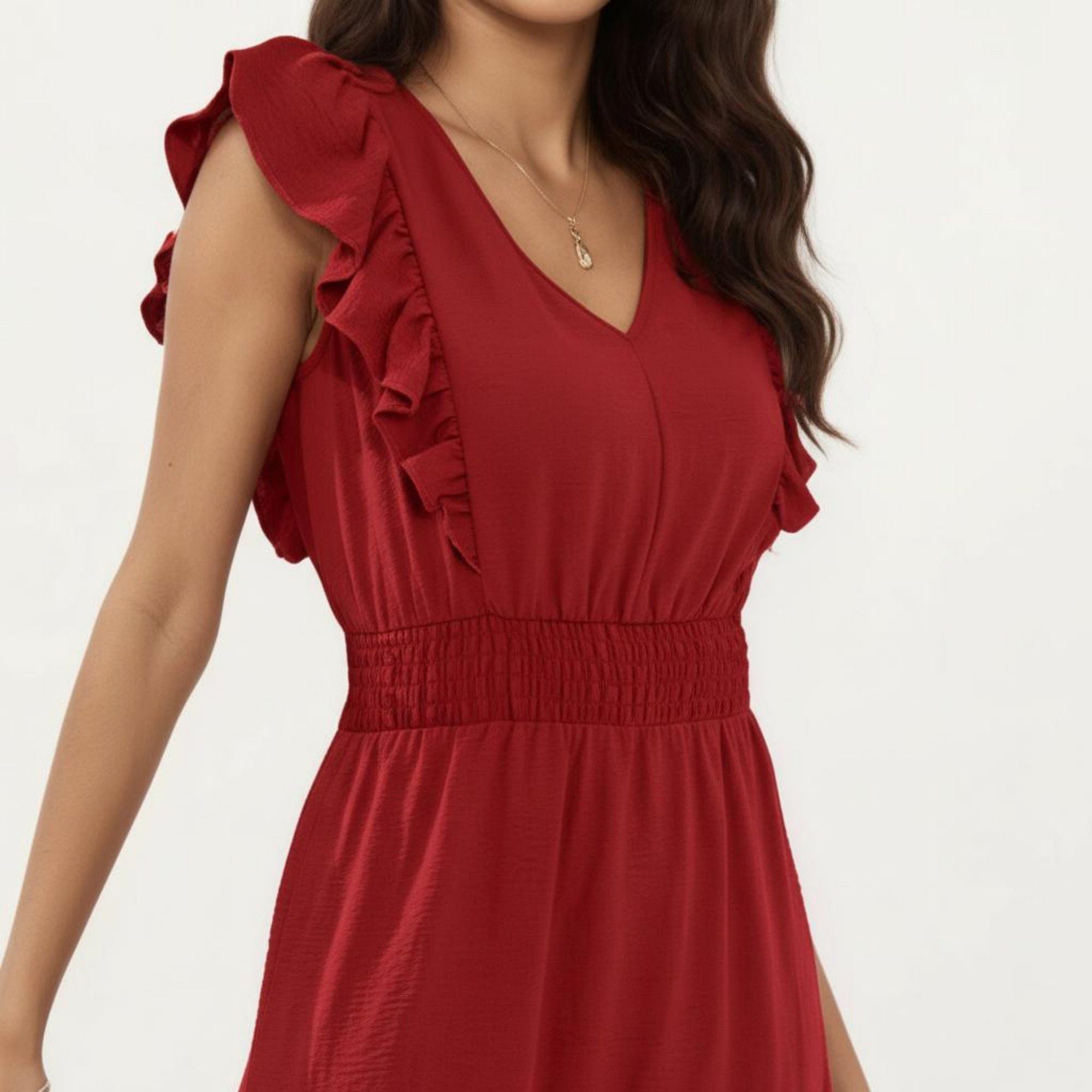 Anna-Kaci Women's Tiered Midi Dress with Ruffle Sleeves and Smocked Waist