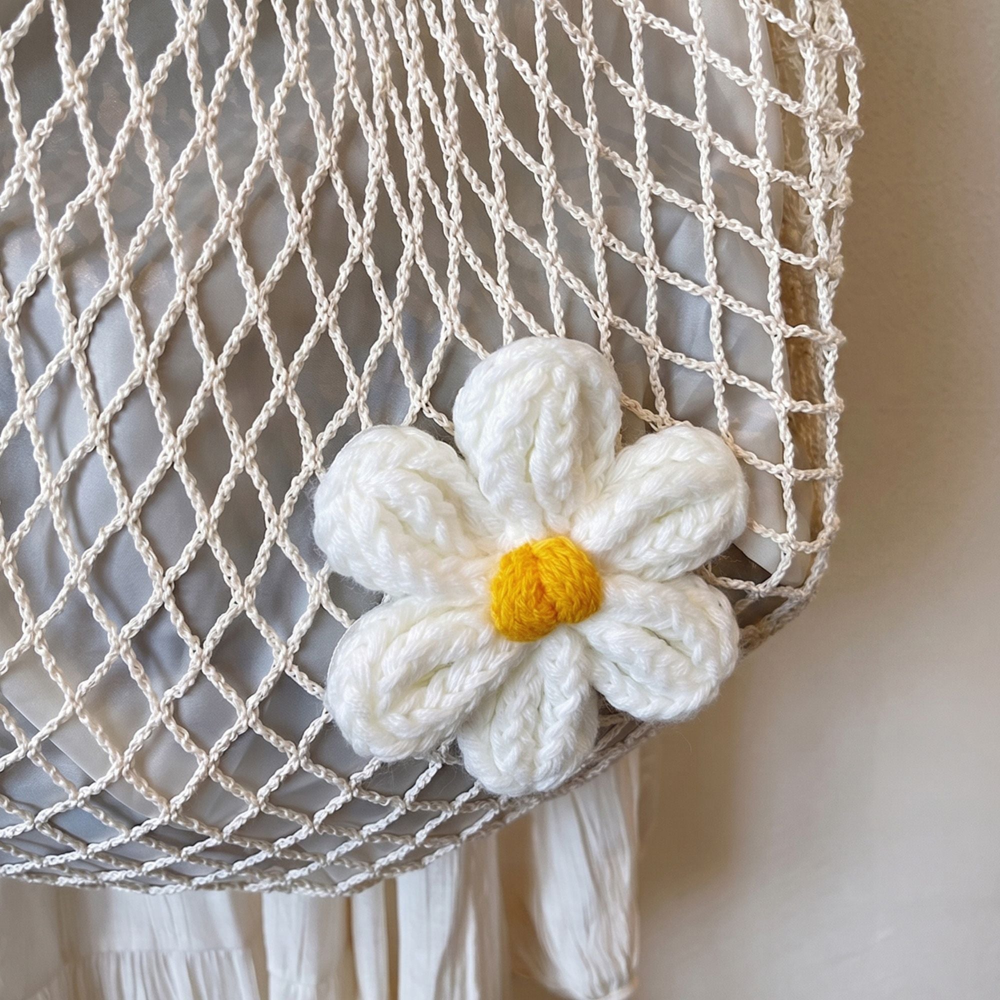 Crochet Style Net Tote Bag with Daisy Accent and Shoulder Straps