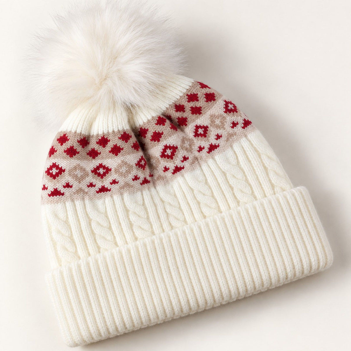Fair Isle Pom Pom Knit Beanie Winter Cuffed Hat