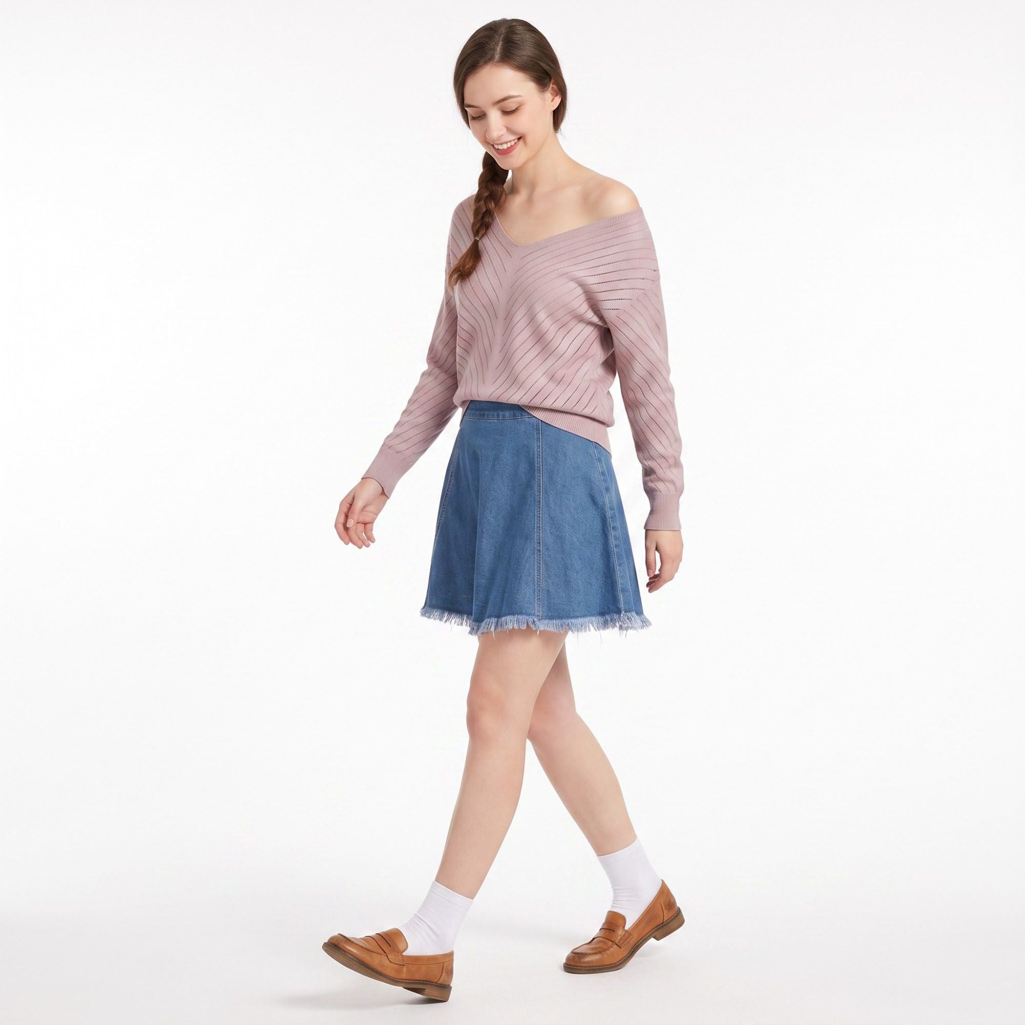 V-Neck Chevron Pointelle Knit Long Sleeve Sweater