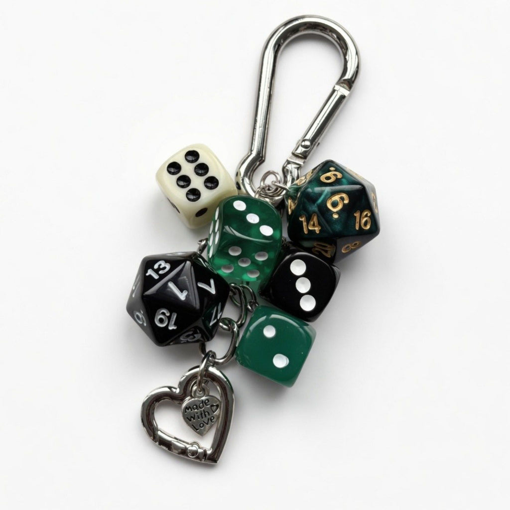 Multi Dice Charm Keychain with Heart Pendant Game Theme Bag Charm Clip Key Ring Accessory