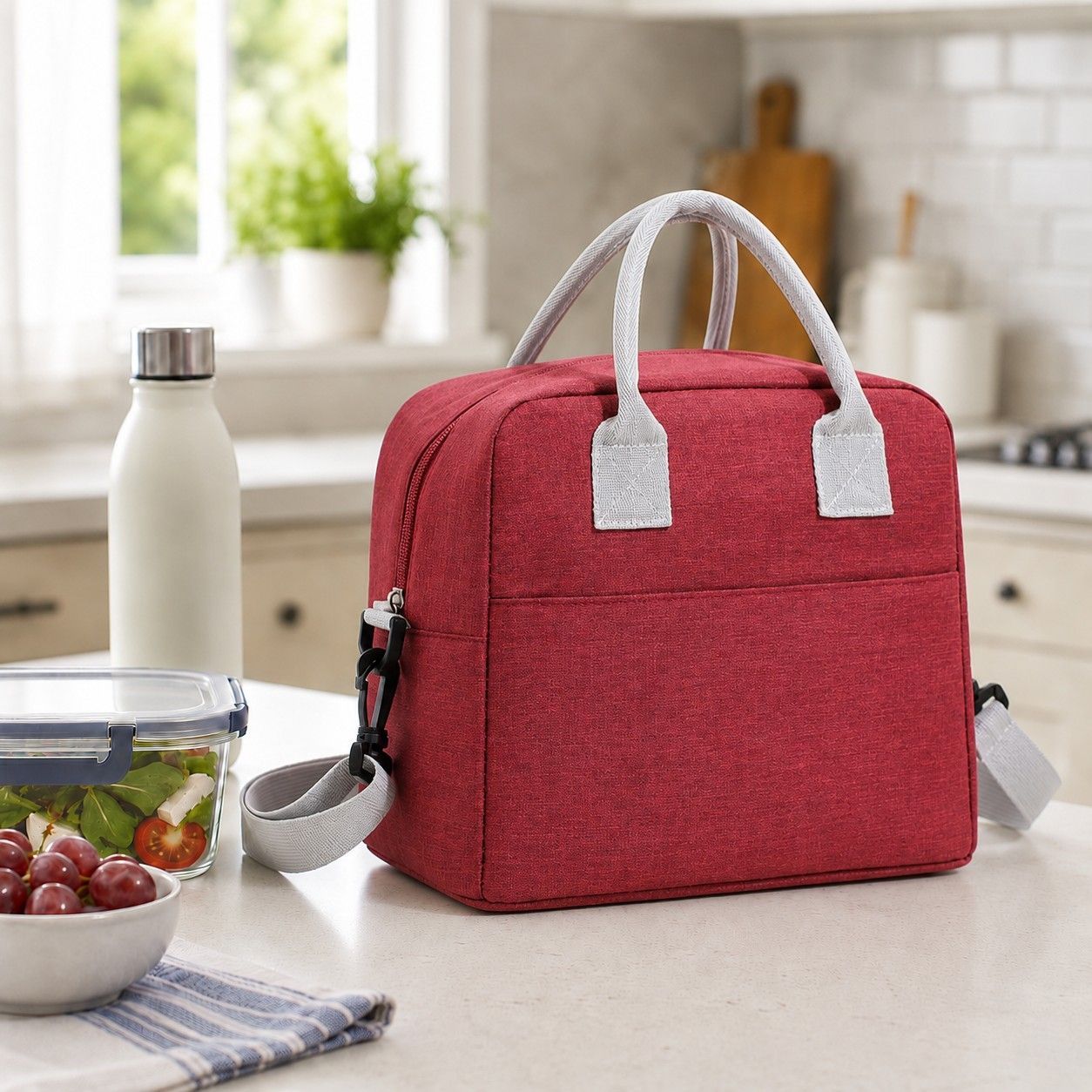 Insulated Lunch Tote Bag with Front Pocket and Adjustable Shoulder Strap