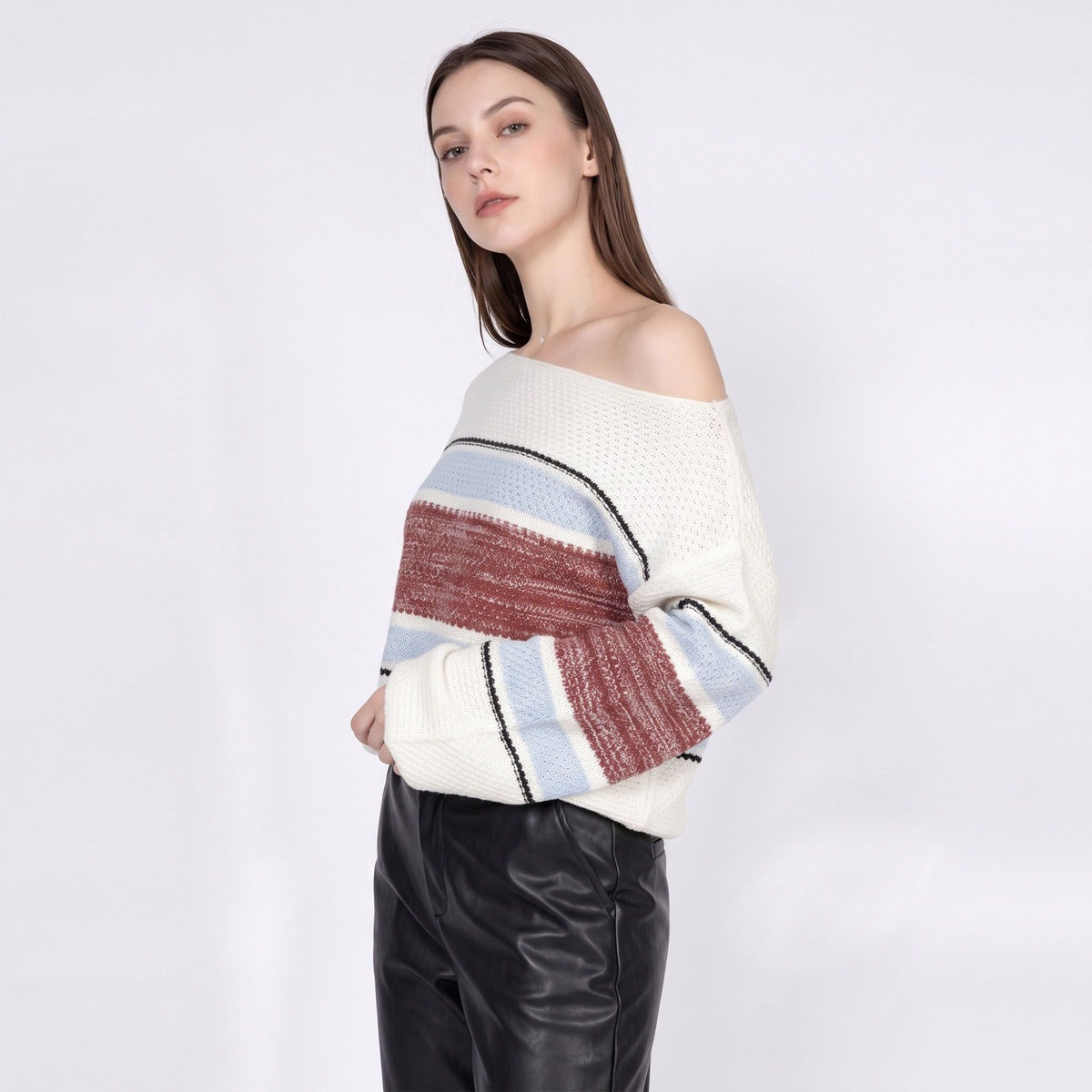 Striped Boat Neck Open Knit Pullover Sweater