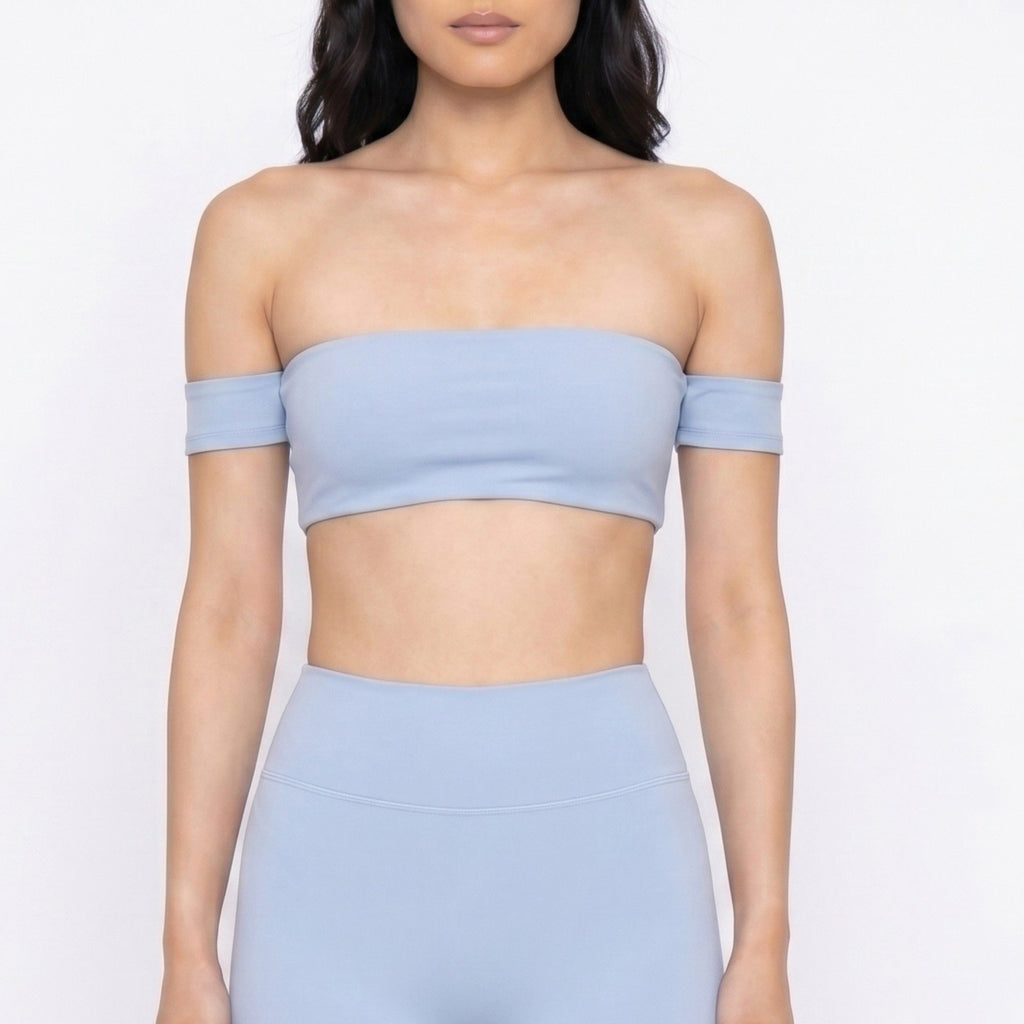 Off Shoulder Bandeau Sports Bra with Arm Strap Detail Smooth Stretch Active Top and Minimal Cropped Fit