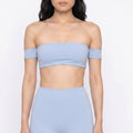 Off Shoulder Bandeau Sports Bra with Arm Strap Detail Smooth Stretch Active Top and Minimal Cropped Fit