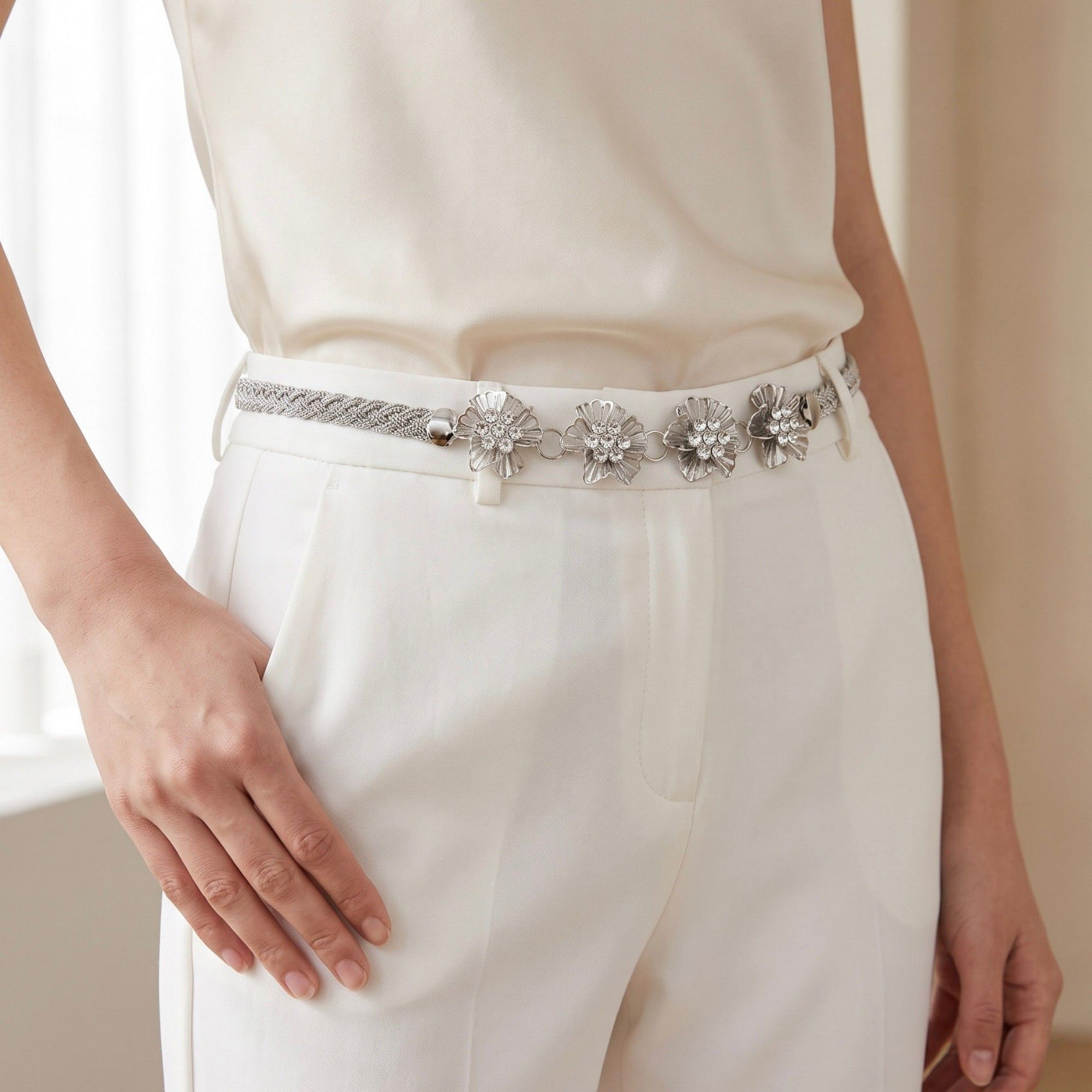 Triple Floral Braided Metal Waist Belt Adjustable Vintage Floral Statement Waist Jewelry 43.3in