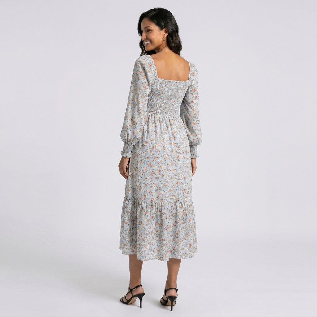 Anna-Kaci Women's Maternity Floral Square Neck Midi Dress with Long Sleeves and Smocked Bodice