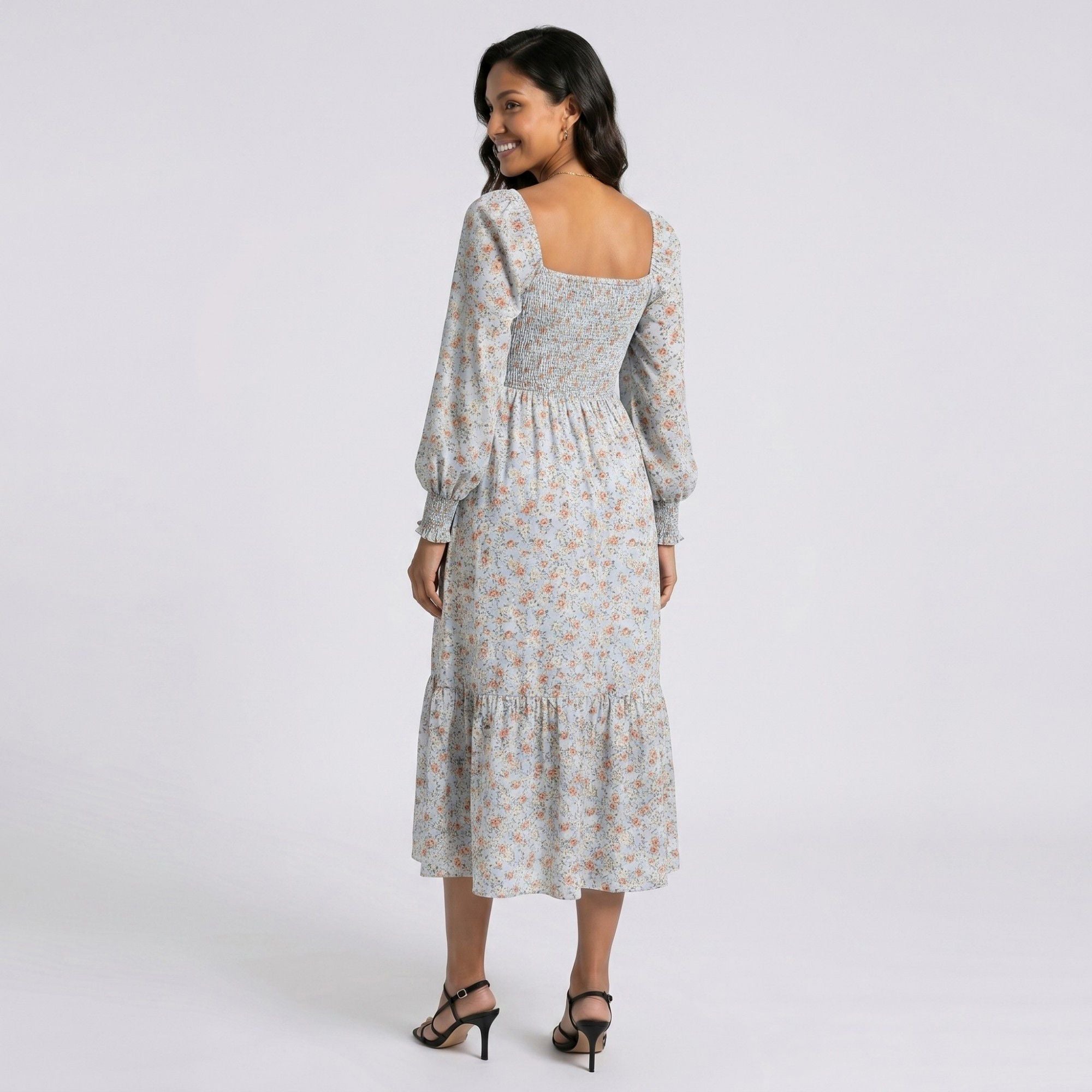 Anna-Kaci Women's Maternity Floral Square Neck Midi Dress with Long Sleeves and Smocked Bodice
