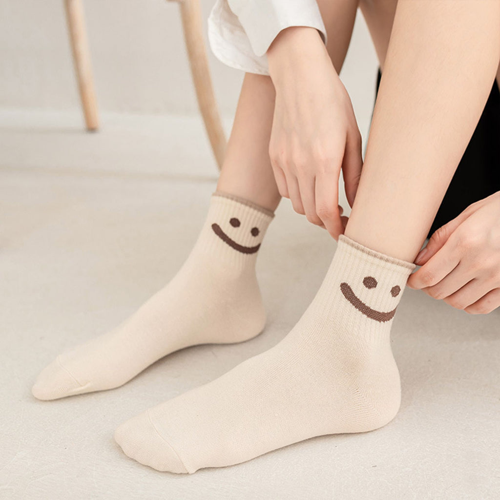 Anna-Kaci 5 Pairs Women's Ankle Socks with Smiley Face Design Soft Cotton Ribbed Cuffs for Casual Everyday Wear