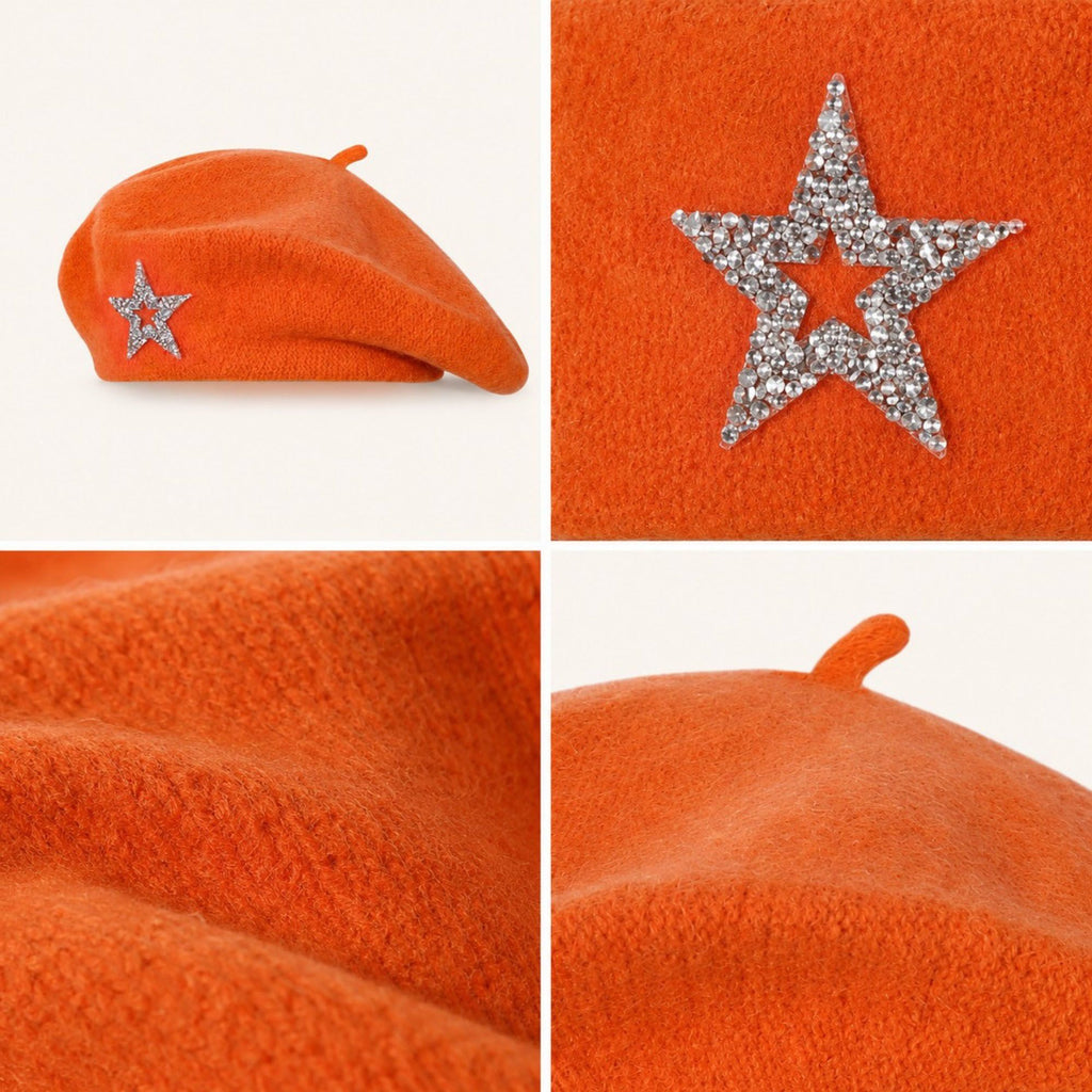 Rhinestone Star Embellished Knit Wool Beret