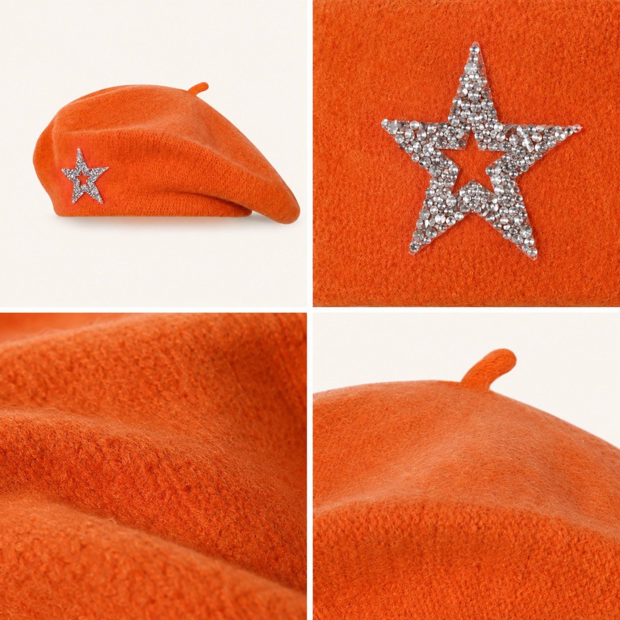 Rhinestone Star Embellished Knit Wool Beret