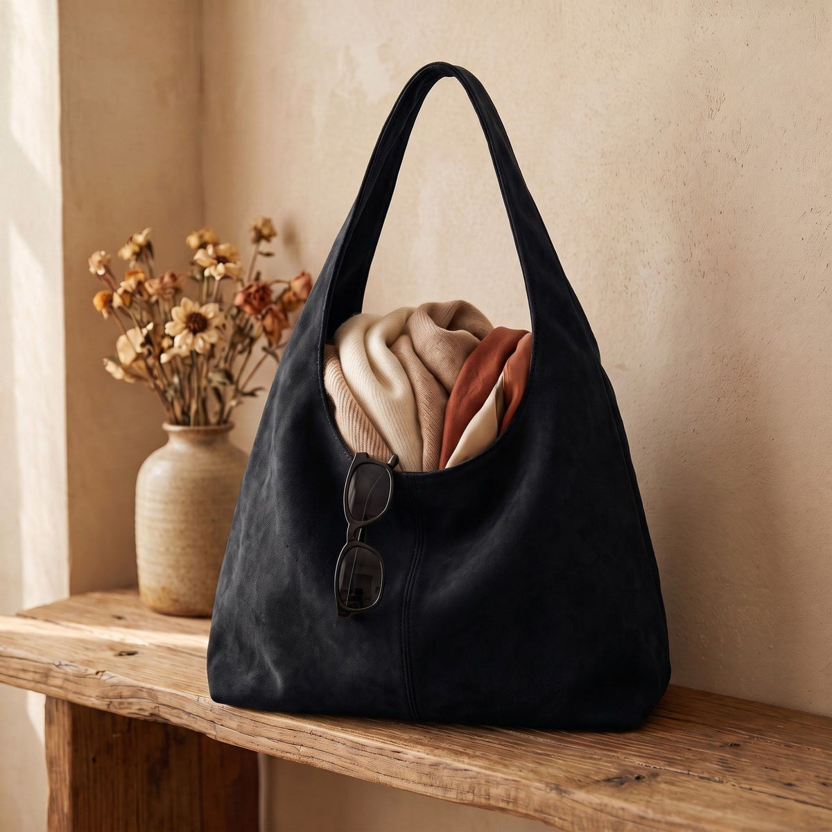 Faux Suede Hobo Shoulder Bag Large Soft Slouchy Tote