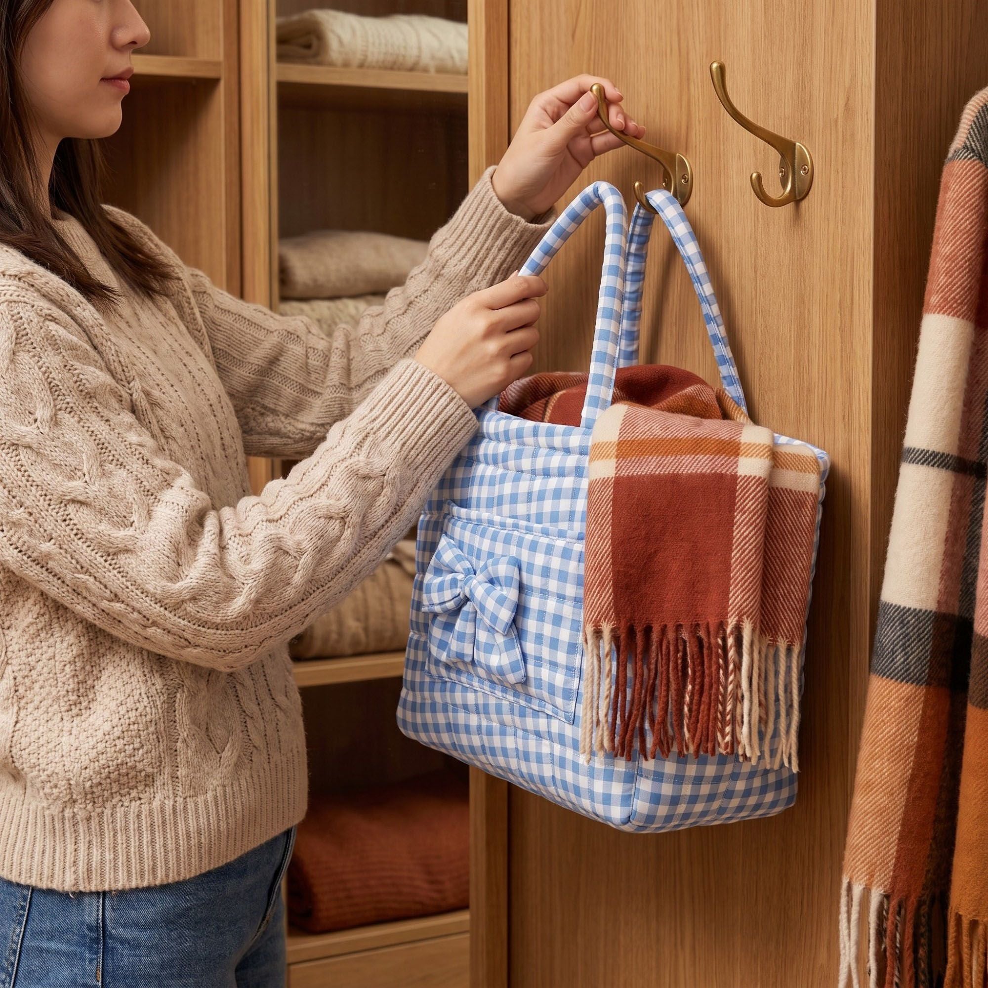 Quilted Gingham Storage Basket with Handles and Bow