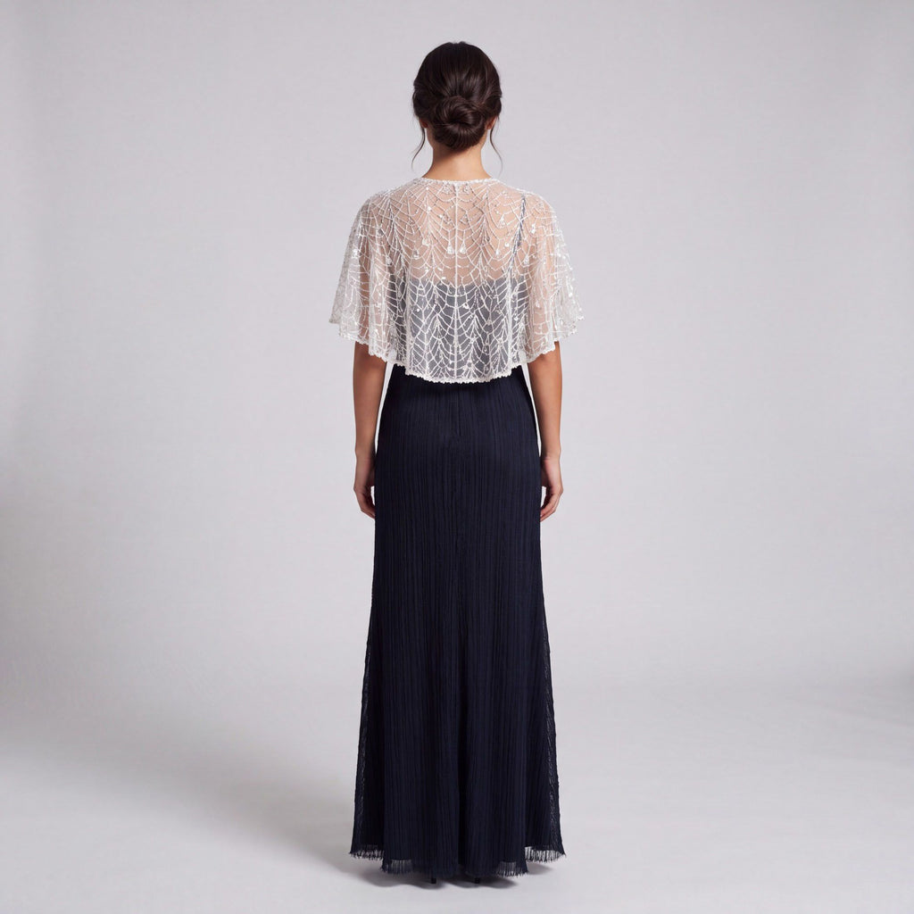 Sheer Sequin Embroidered Mesh Capelet Shrug with Scalloped Edge and Draped Short Sleeves