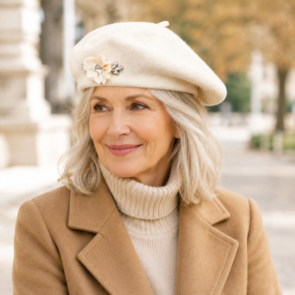 Rhinestone & Flower Embellished Knit Wool Beret